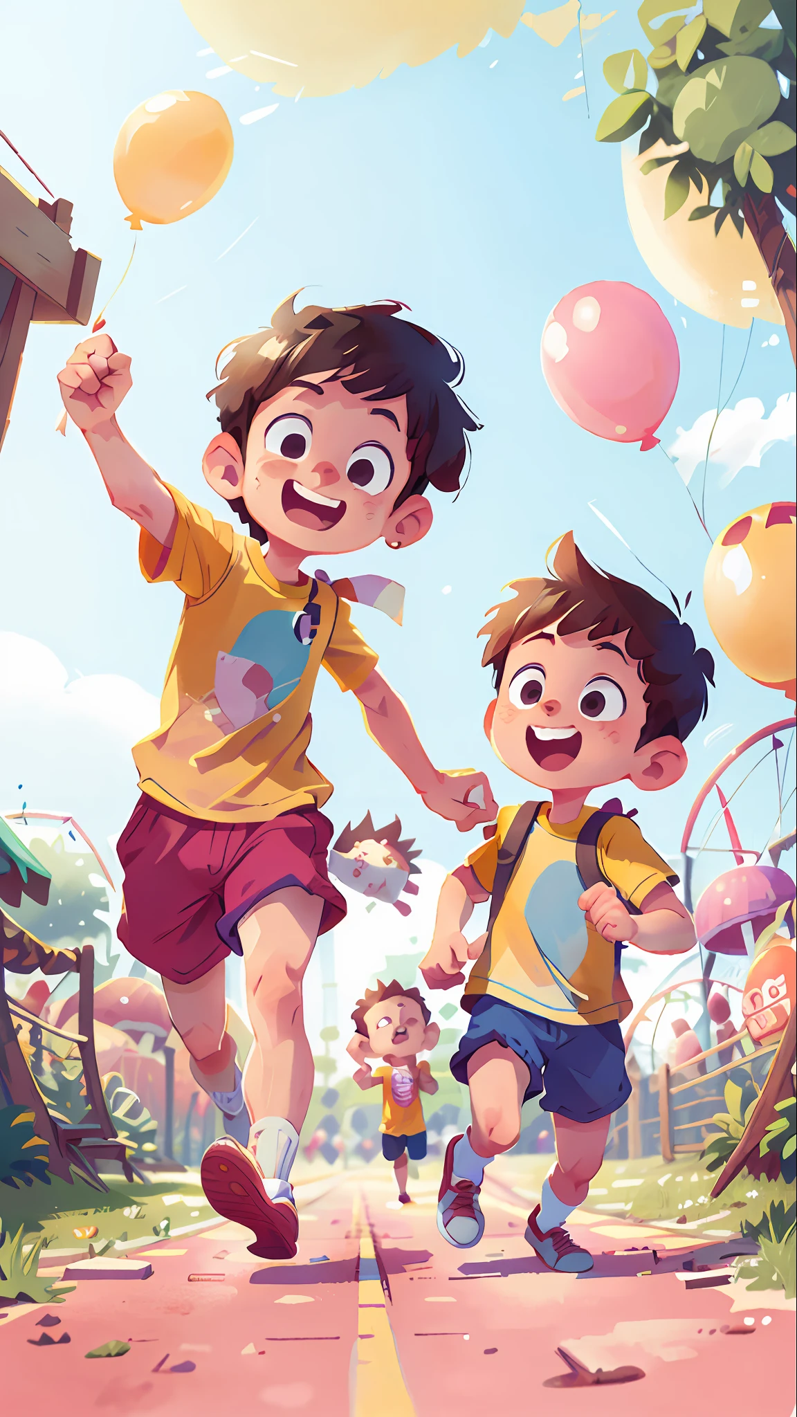 (SFW), two running boys, amusement park, holding balloons, happy, happy, perfect quality, clear focus, colorful, perfect face, intricate details, ultra-low viewing angle, wide angle lens --v 6