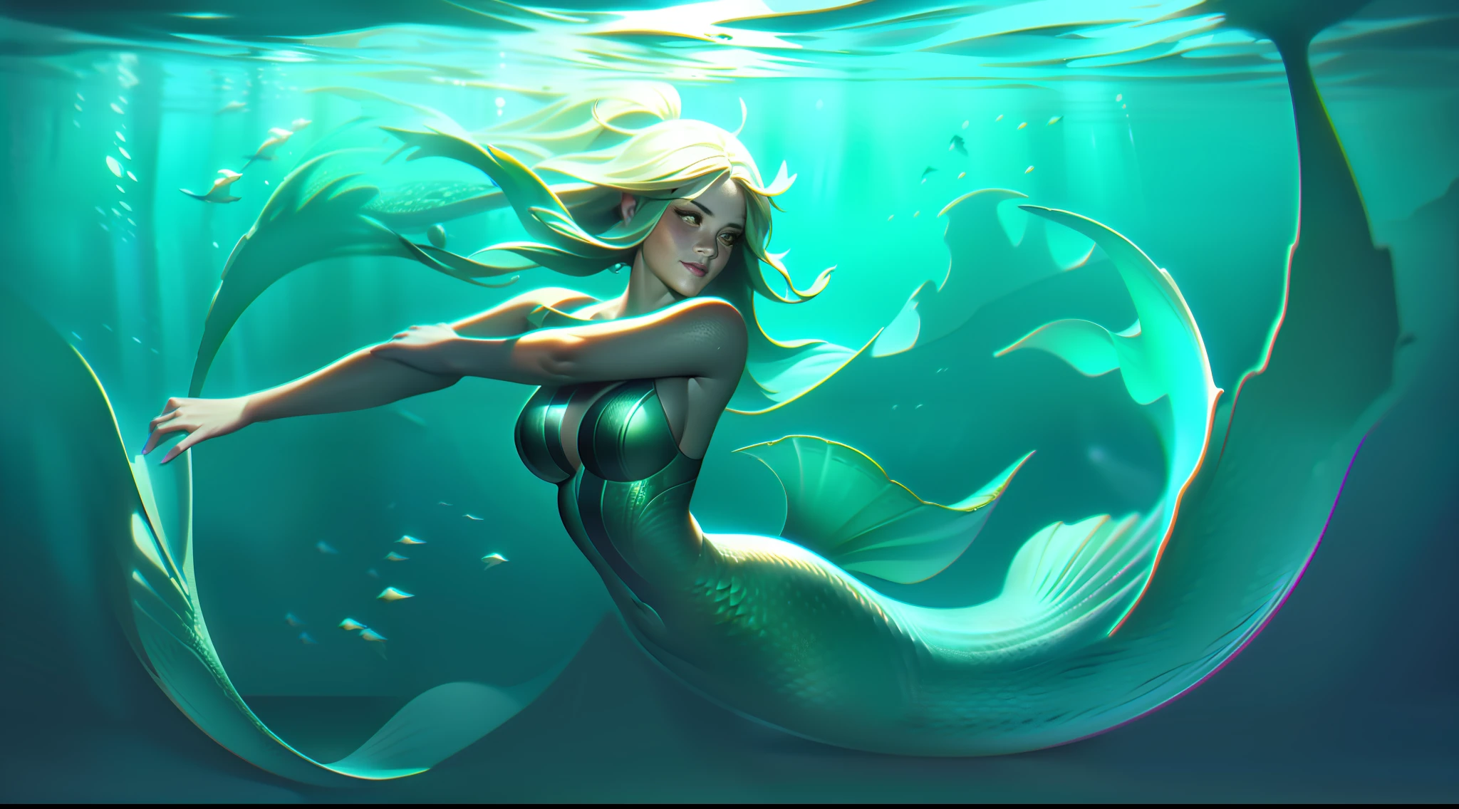(RAW photo, best quality, masterpiece: 1.2), (realistic, photo-realistic: 1.4), (masterpiece: 1.4), (best quality: 1.4), 1girl, solo, woman, mermaid, underwater, bubbles, green, blue, purple, pink, pearl, scale, fish, hands on waist, model, beautiful, badass, confident, waves, tide, reflecting, shadows, lights, incandescence, perfection, shells, shells on breasts, blush, long hair, looking at the viewer, pose, tight skin, smile, beautiful hair, white hair, shiny locks, trident, mermaid tail, mermaid clothing, turquoise green eyes, yellow eyes, bright clothes, impossible clothes, ambiance,(shiny skin), realistic,