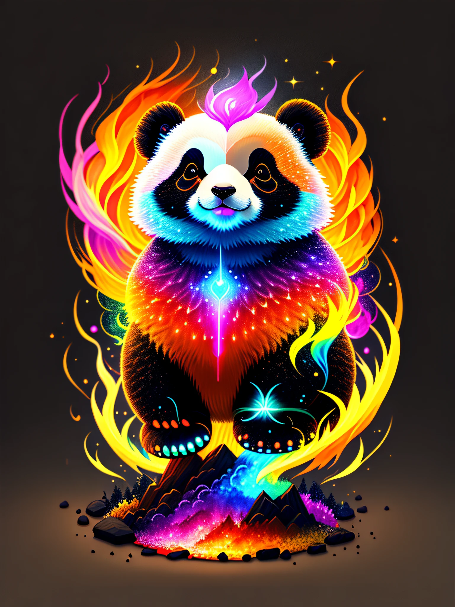 a painting of a colorful panda on a black background, panda rising from the ashes, breathtaking rendering, within a radiant connection, inspired by Kinuko Y. Craft, merging into vulpix, magical elements, white eagle icon, wow, it's gorgeous, casting a multi colorful spell, bright flash, flash