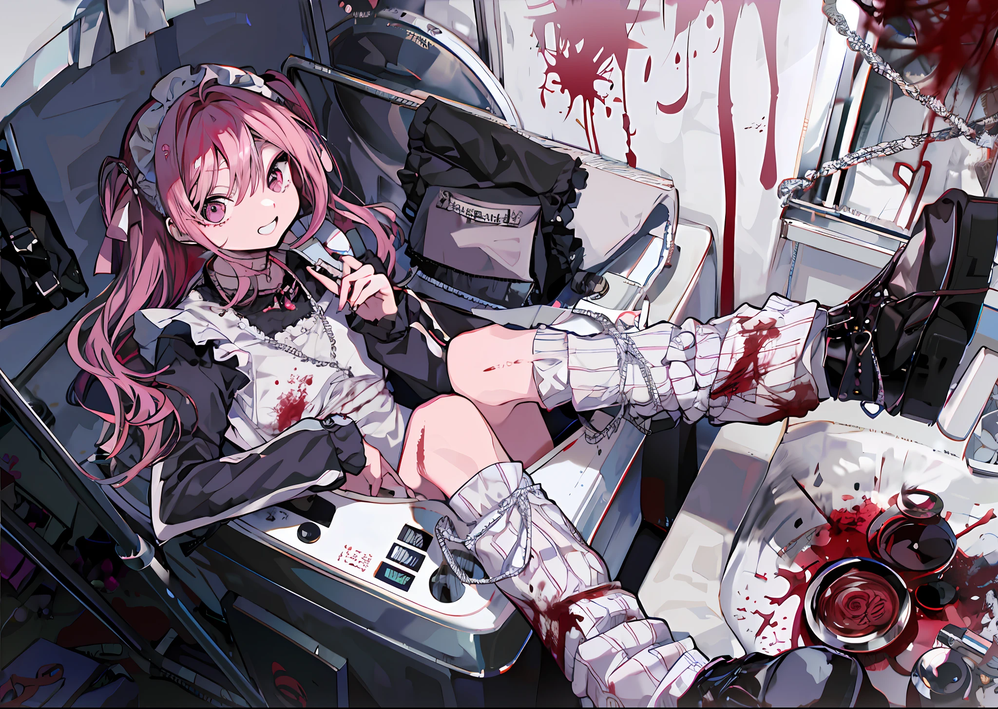 anime girl with pink hair sitting in a car with blood on the floor, best anime 4k konachan wallpaper, anime girl in a maid costume, clean detailed anime art, maid outfit, gapmoe yandere grimdark, nightcore, badass anime 8 k, bloody scene, yandere intricate, 4 k manga wallpaper, zerochan art, anime style 4 k