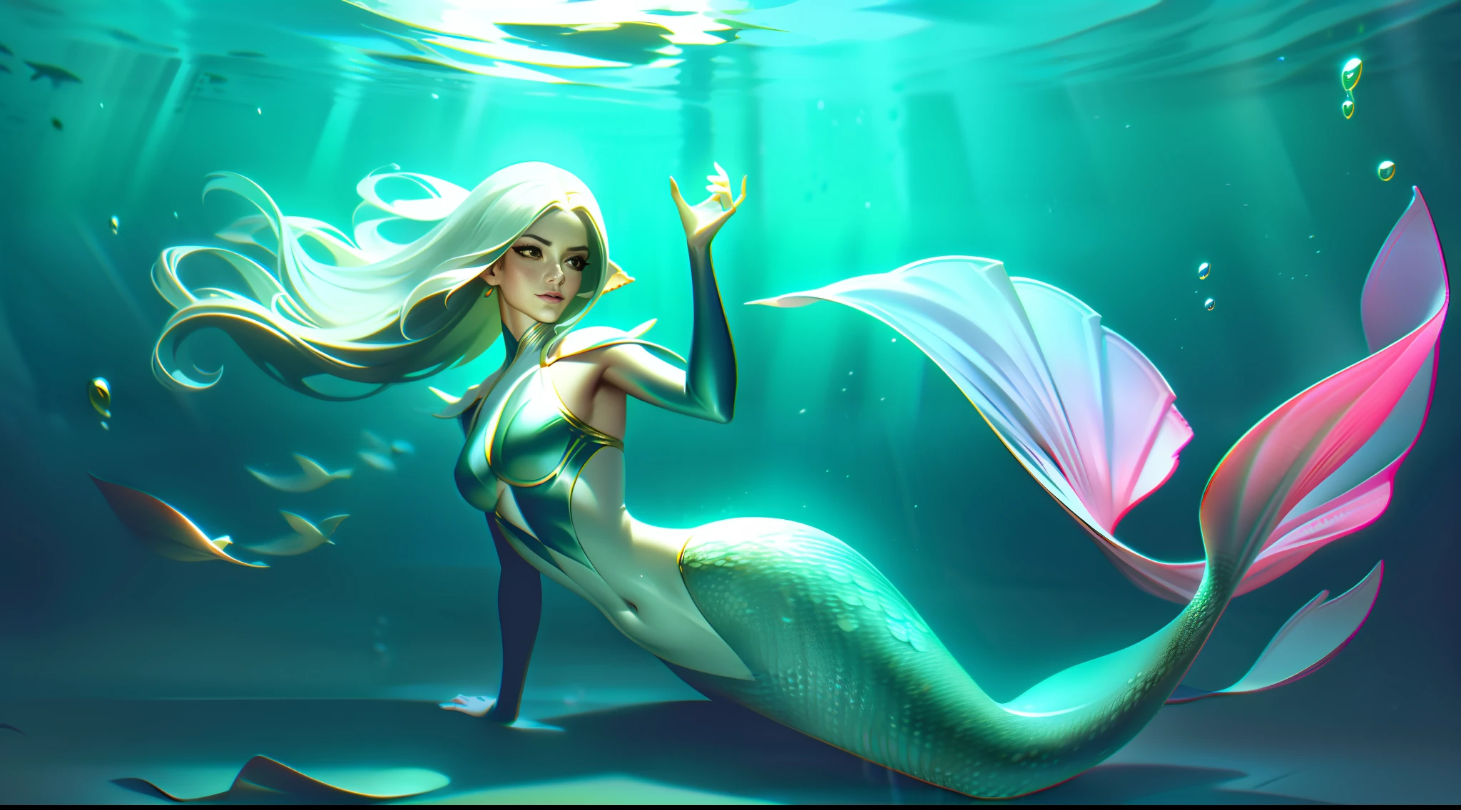 (RAW photo, best quality, masterpiece: 1.2), (realistic, photo-realistic: 1.4), (masterpiece: 1.4), (best quality: 1.4), 1girl, solo, woman, mermaid, underwater, bubbles, green, blue, purple, pink, pearl, scale, fish, hands on waist, model, beautiful, badass, confident, waves, tide, reflecting, shadows, lights, incandescence, perfection, shells, shells on breasts, blush, long hair, looking at the viewer, pose, tight skin, smile, beautiful hair, white hair, shiny locks, trident, mermaid tail, mermaid clothing, turquoise green eyes, yellow eyes, bright clothes, impossible clothes, ambiance,(shiny skin), realistic,