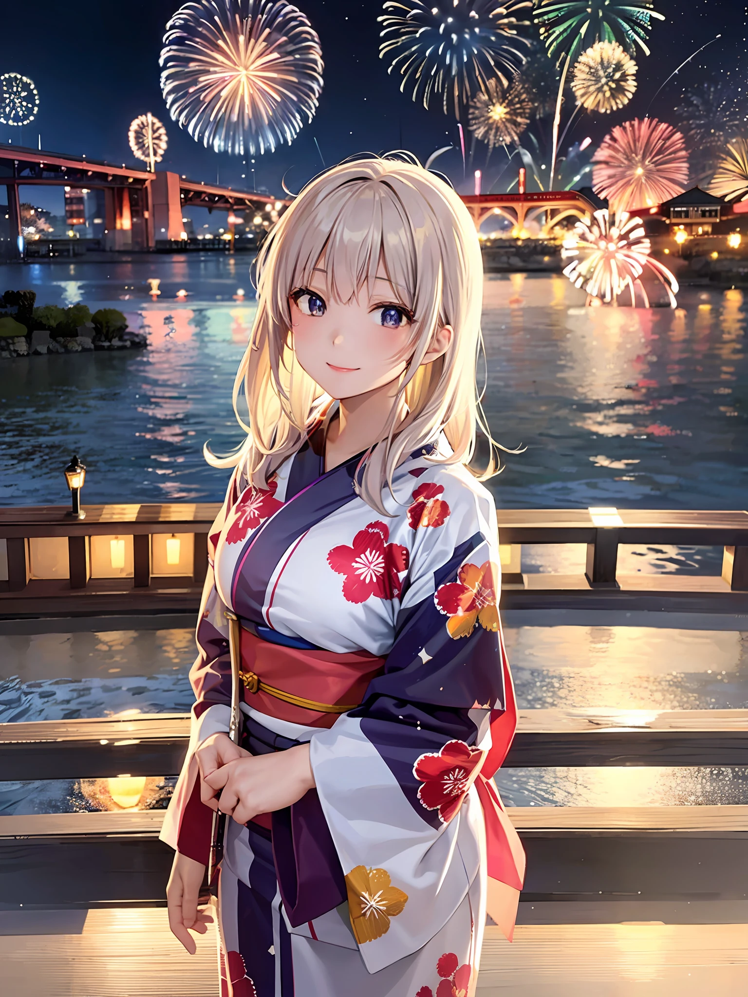 "A beautiful woman in a yukata looks up at the fireworks and shooting stars in the night sky, with colorful fireworks and cowboy shots that express the atmosphere of the New Year and festivities, and smile perfectly. It also makes your teeth look prettier. On the lakeside with the bridge in the background, the fireworks reflected on the surface of the water glitter, and there are many floating particles and colorful fireworks. ”