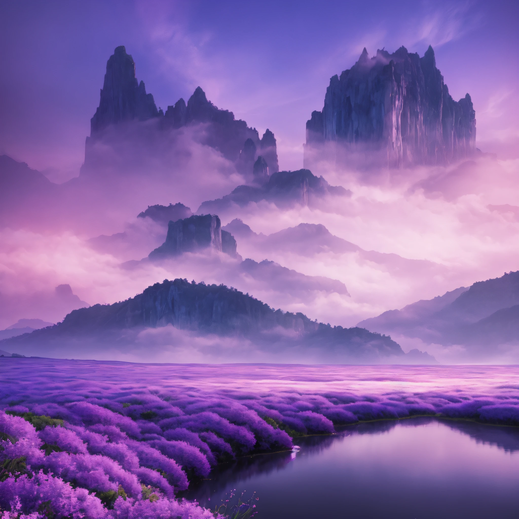 Fantasy landscape, purple sky,blue sky, pink sky, full moon, cascading waterfalls, water mist, fog, tall cliffs, Surrealism, high detail, depth of field, cinematic lighting, motion blur, glowing light, ray tracing, reflection light, backlighting, blending, bloom, drop shadow, UHD, masterpiece, ccurate, anatomically correct, super detail, high details, high quality, award winning, best quality, highres, image fill --auto --s2