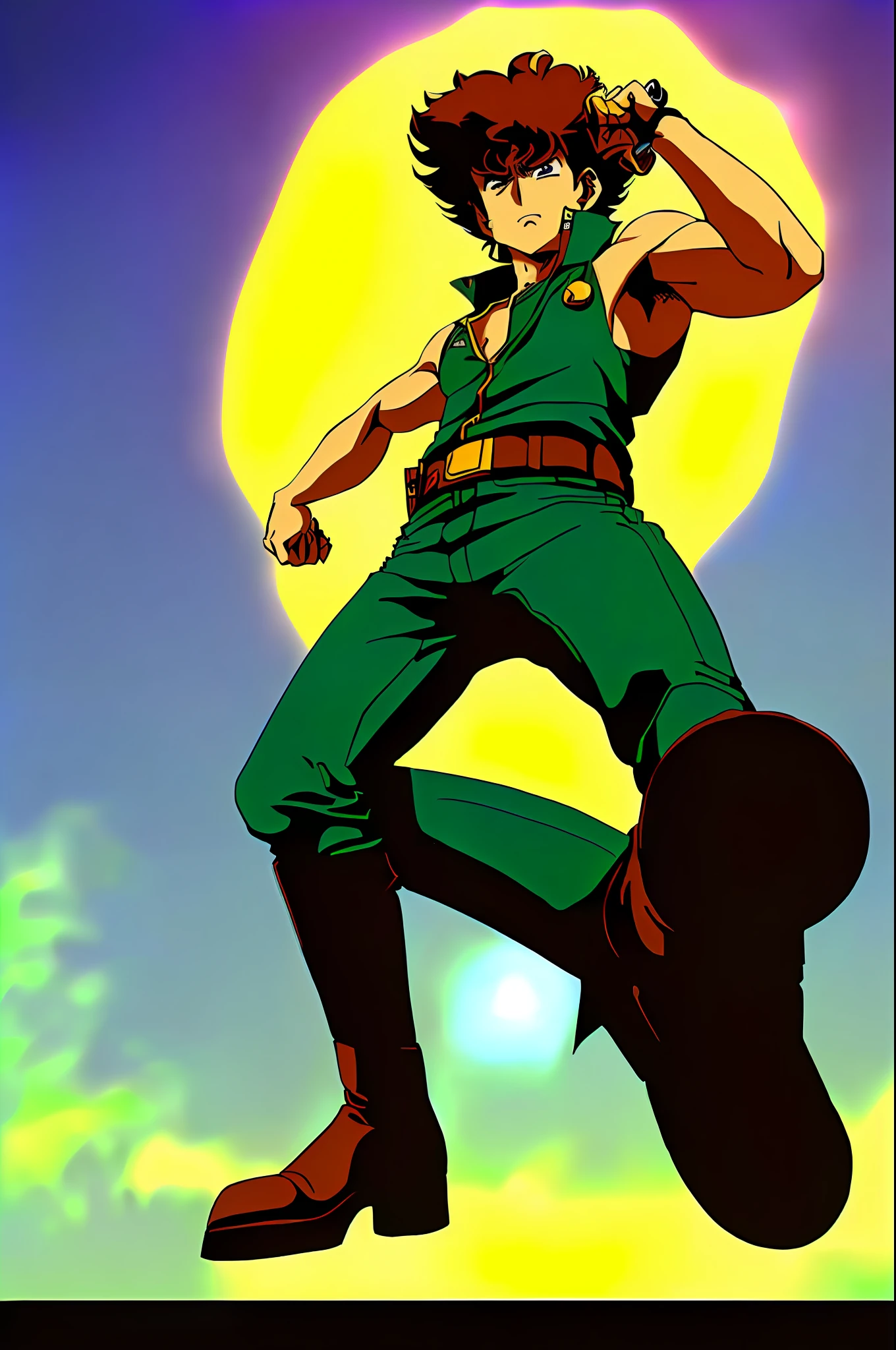cowboy_bebop, Spike_Spiegel \(cowboy bebop\), cowboy_bebop style, spaceship, shrugging, tall, slim, dark green hair and brown eyes, suit, Spike_Spiegel, bounty hunter, on a spaceship, anime screencap, 2000s \(style\), slothful, nonchalant, indifferent, and lazy, Laid-back, fearless, and quick-thinking