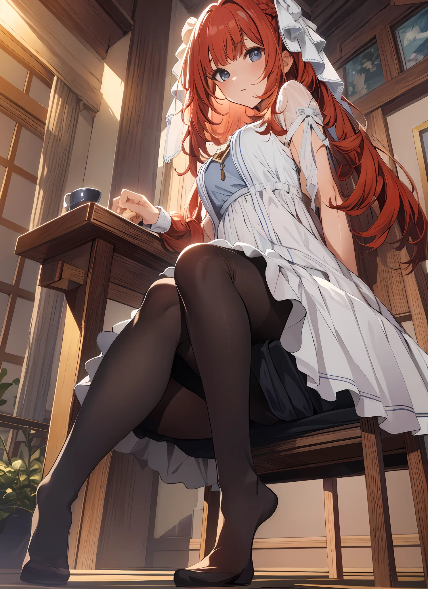 {{masterpiece}},illustration,best quality,extremely detailed CG unity 8k wallpaper,1girl_solo, full_body, from_below, looking_at_viewer, looking_down,((white pantyhose: 1.5)), (no shoes:1.3),chair,twintail,red hair,braided bangs,Sexy and charming panties,revealing dress,window,(Close-up of the foot),hair_ribbon,strong rim light,花,cameltoe,