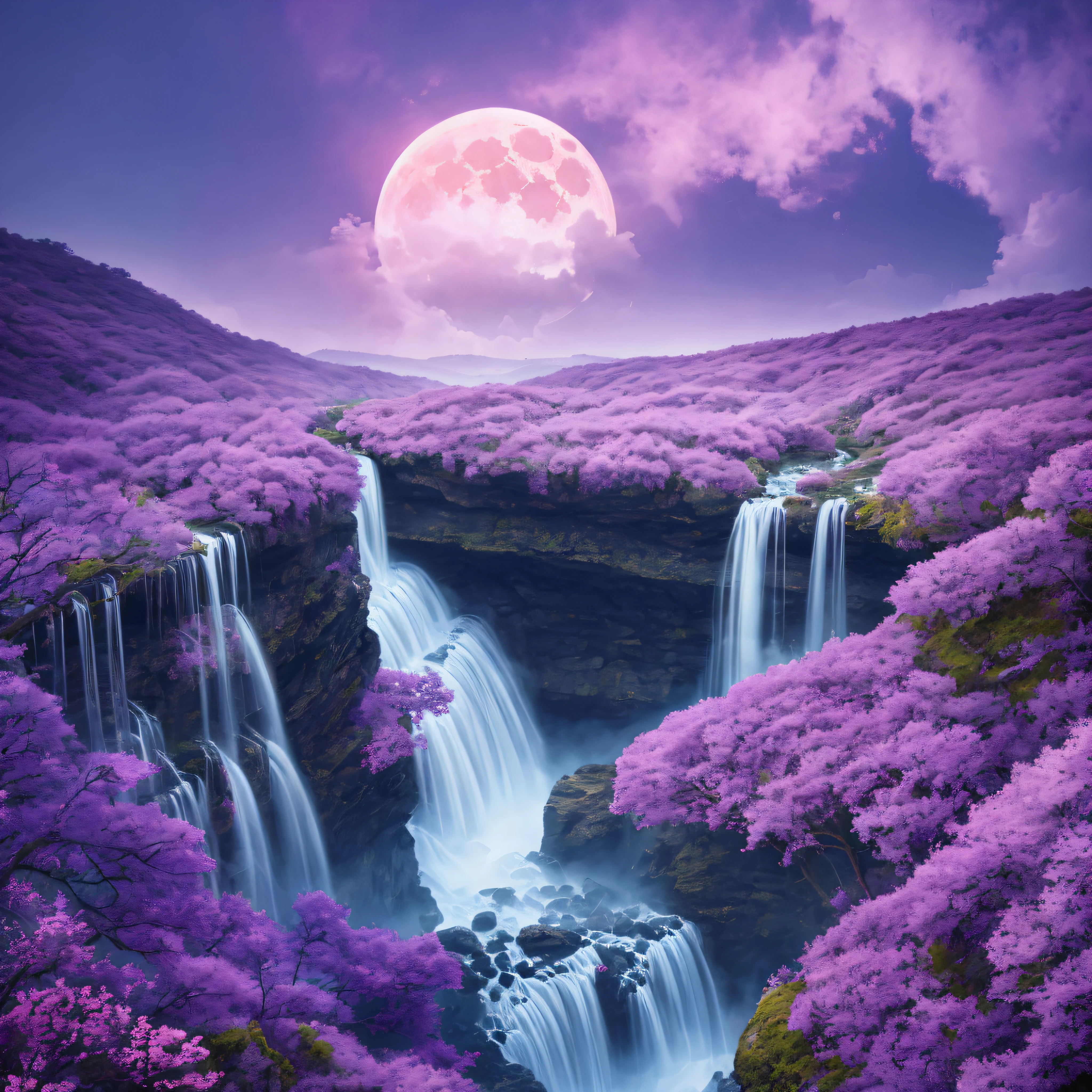 Fantasy landscape, purple sky,blue sky, pink sky, full moon, cascading waterfalls, water mist, fog, tall cliffs, Surrealism, high detail, depth of field, cinematic lighting, motion blur, glowing light, ray tracing, reflection light, backlighting, blending, bloom, drop shadow, UHD, masterpiece, ccurate, anatomically correct, super detail, high details, high quality, award winning, best quality, highres, image fill --auto --s2