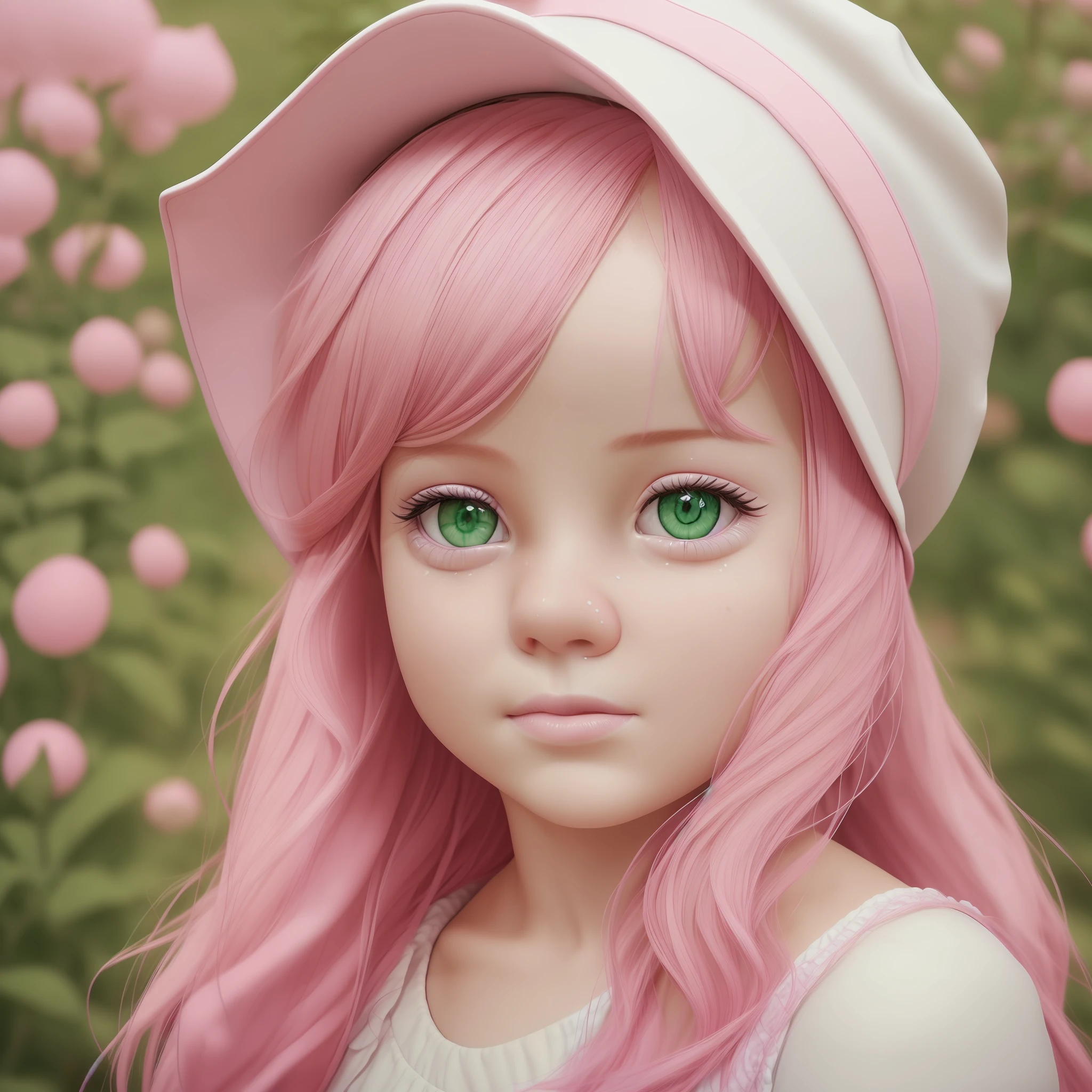 child, green eyes, pink hair, pink hat, white dress, high quality, (photorealistic:1.8), 1girl, (aegyo sal:1), cute, ((swollen eyes)), irreal_engine, photography, realistic_skin_texture, photorealistic, --auto --s2