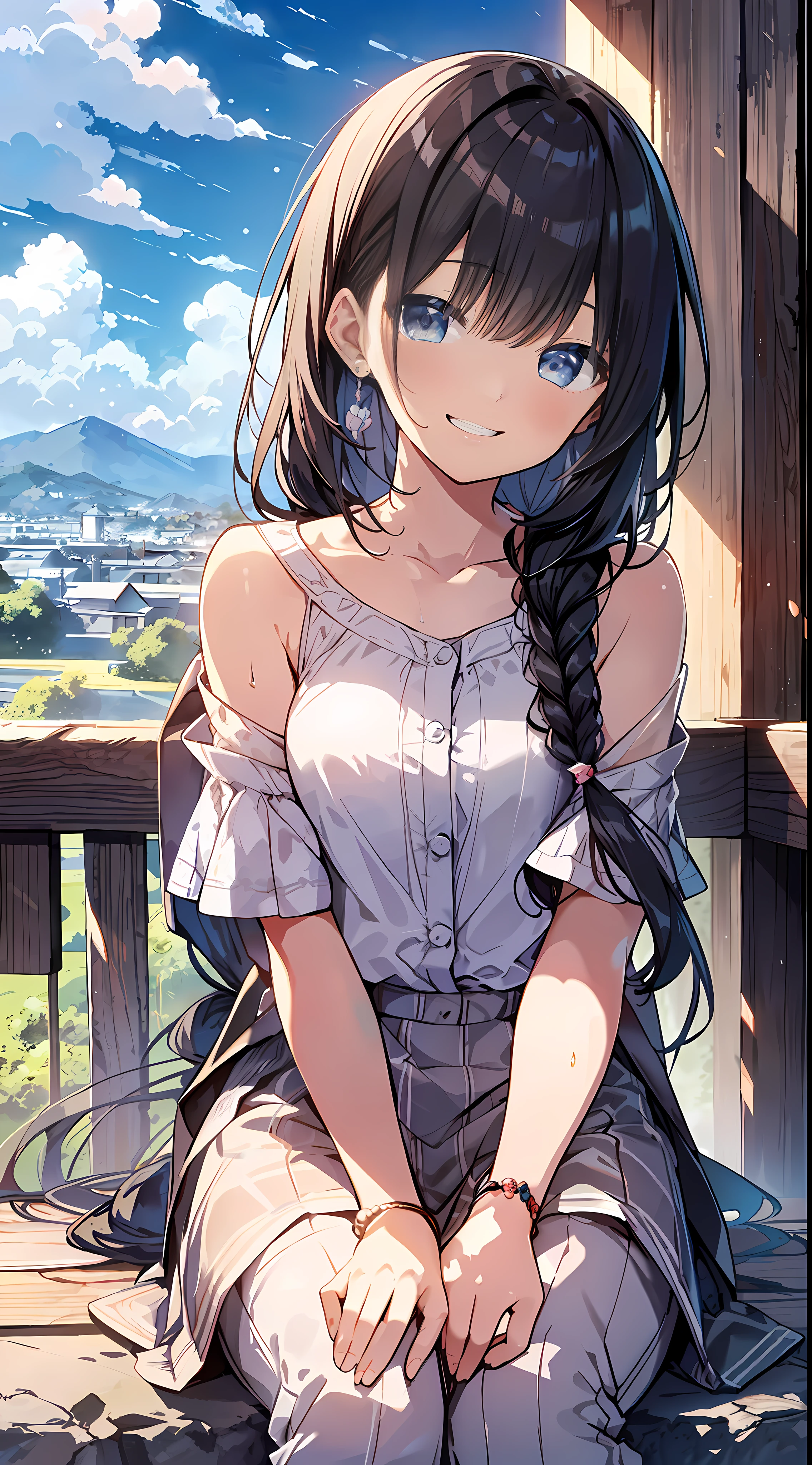 Top Quality, Masterpiece, Ultra High Definition, 8K, Summer Sky, Early Summer, (Pants, Sheer Cardigan, Sneakers), Shojo Manga Style , One, Soft Line Art, Digital Enhancement, Shoujo Manga Touch, Shojo Manga Core, Flowing Fabric, Close Up, (Shoulder Length and Short Braid)), Wet Hair, Soft Drawing, Beautiful Black Hair, Clear Eyes, ((Teasing smile)) , Ultra-detailed digital anime art, clear face depiction, ultra-detailed shoujo manga character art, clear facial features, ultra-detailed manga style, top quality colors, hand gestures, landscape with nature, looking up at the sky, angle to see up to your feet, sit