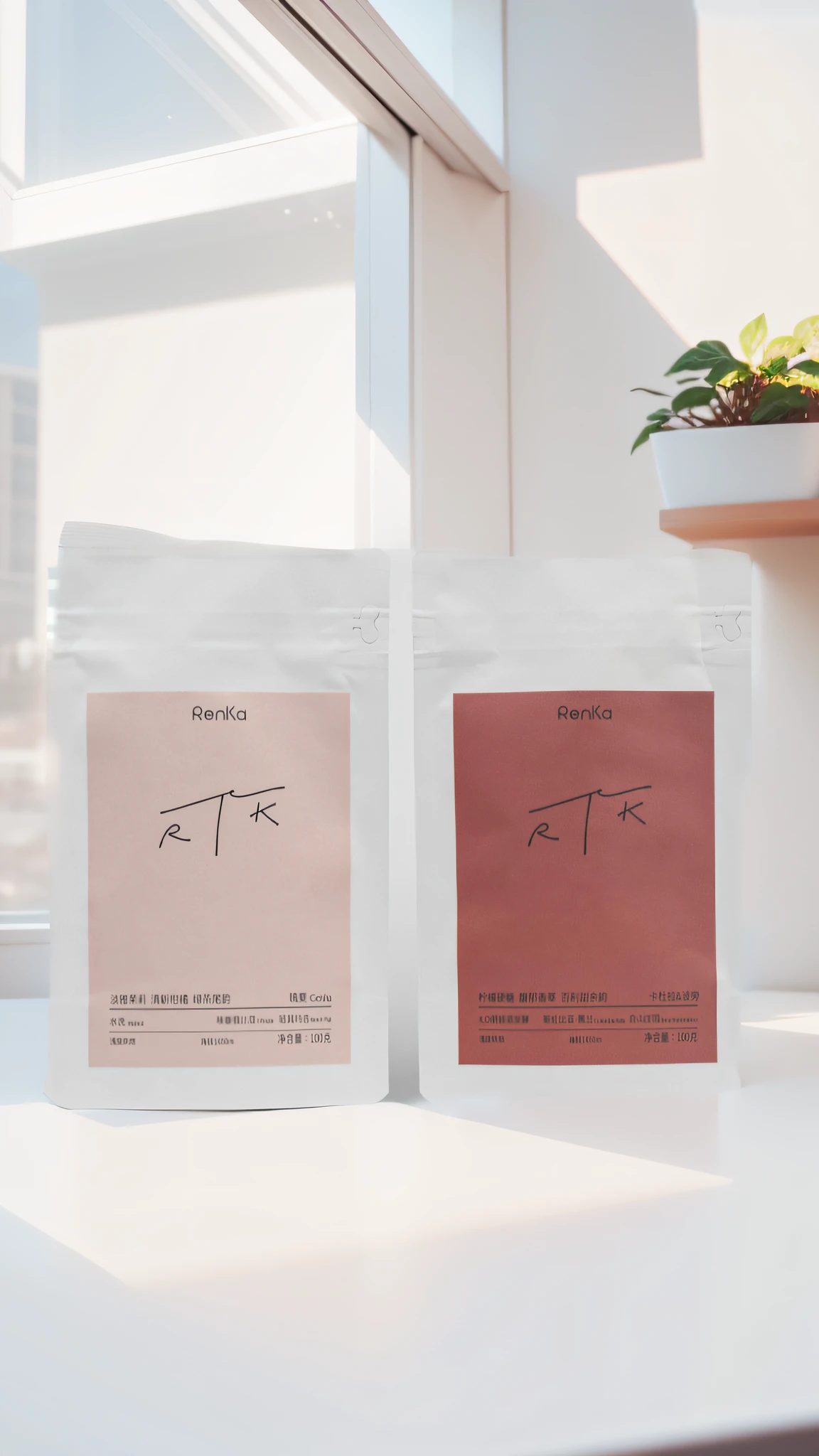 The bagged coffee sits quietly on the table, and the sunlight from the eaves shines through the shade and slanted in. Minimalist style, realistic, 8k