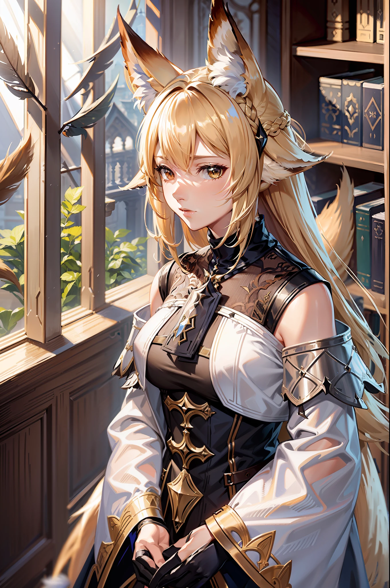 Middle Ages, extremely detailed CG wallpaper, (arknights:1.01), (cygames: 1.03), solo, a woman wearing an off-the-shoulder dress with a transparent feather coat, lace trim, half-long blonde hair, brown eyes, (many large fox tails: 1.2), standing inside the library