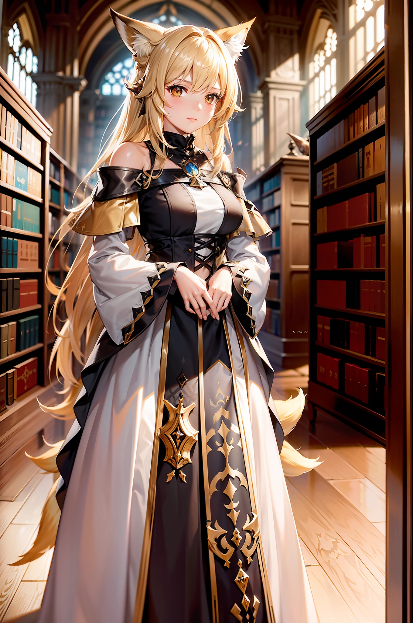 Middle Ages, extremely detailed CG wallpaper, (arknights:1.01), (cygames: 1.03), solo, a woman wearing an off-the-shoulder dress with a transparent feather coat, lace trim, half-long blonde hair, brown eyes, (many large fox tails: 1.2), standing inside the library