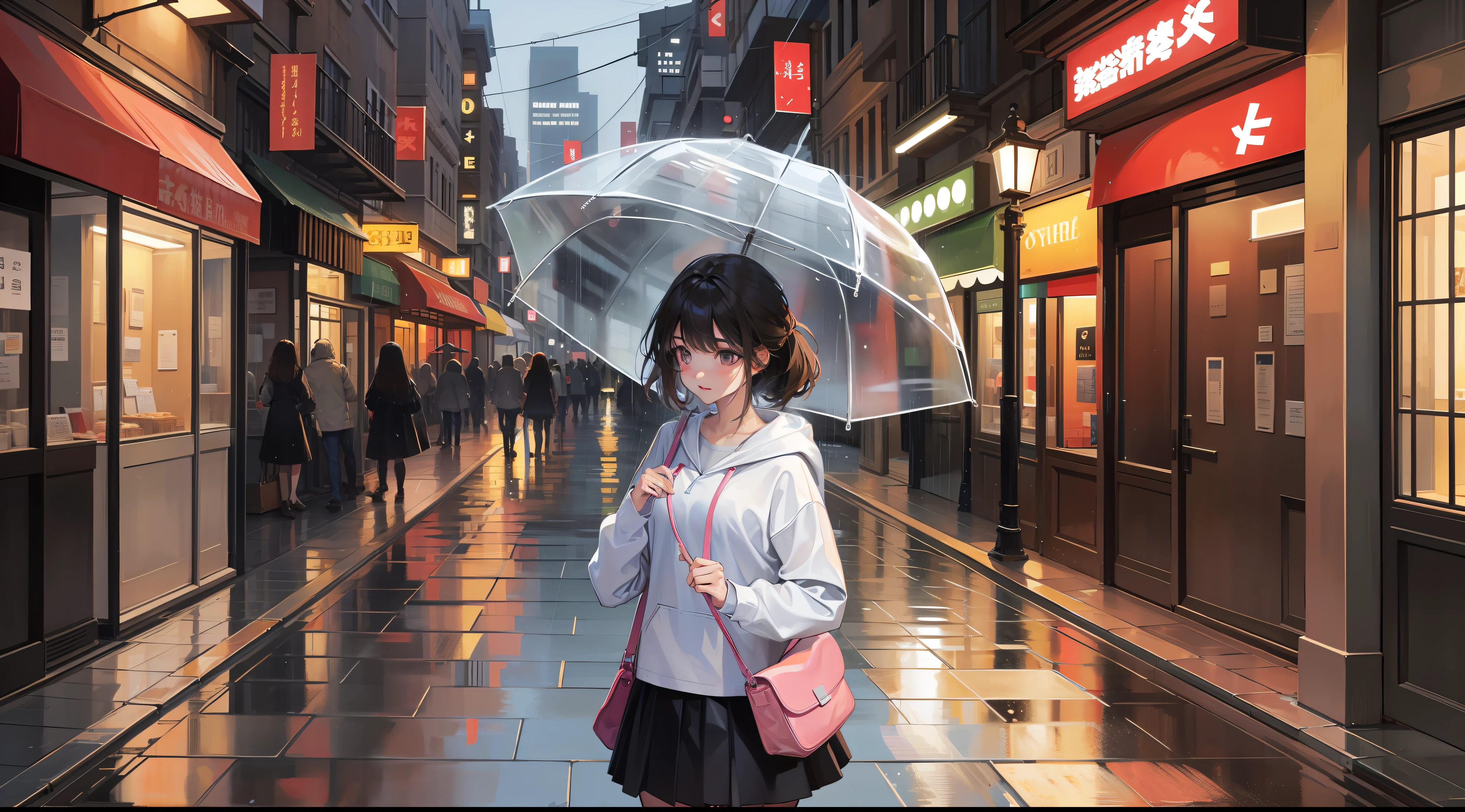 At night, a beautiful girl walks down the street, rain, thunder