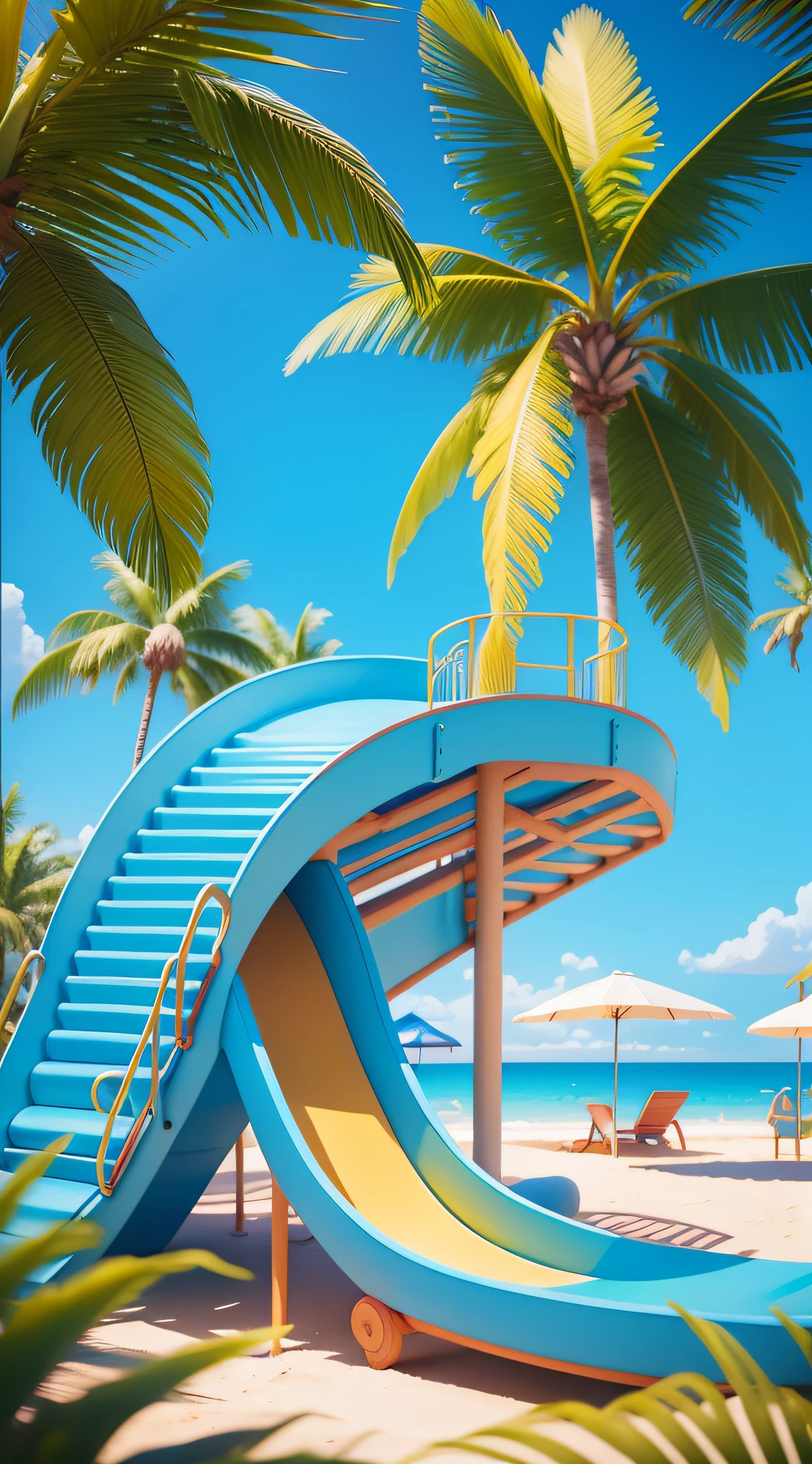 Colorful slides on palm trees and blue sky beach, best adobe stocks, sunny day on beach, realistic 3D style, realistic scene, stylized digital illustration, beautiful high resolution, beach background, blue slide park, beach setting, stylized to 3d rendering, water park, sunny day, photo realistic style, playground