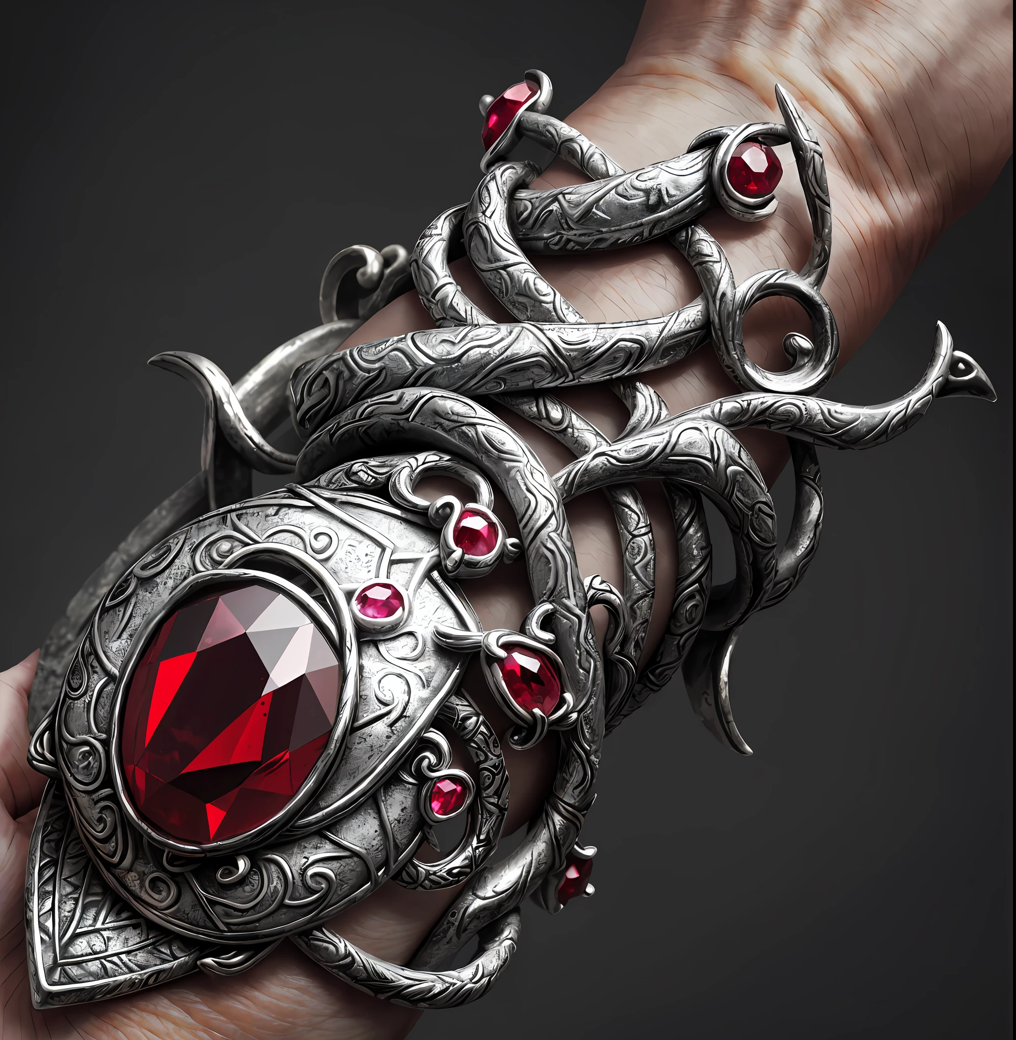 (masterpiece, best quality, ultra-detailed, highres) artifact silver bracelet adorned with red ruby, vines coiling around arm