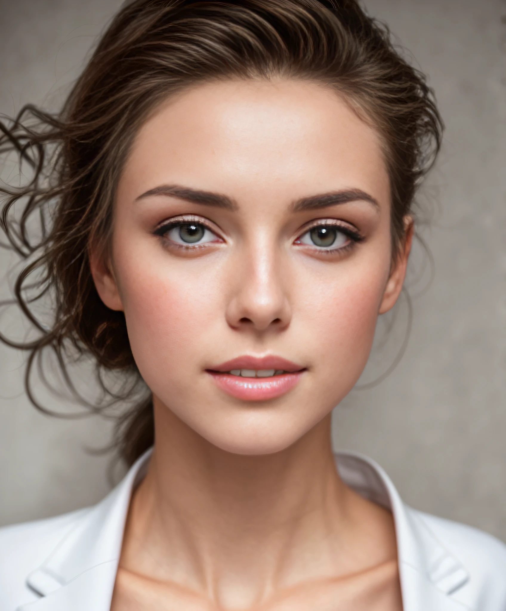 Fashion Model 25 years old [[[[Close-up]]], [[[[Chest]]], [[Neck], [[Shoulder]]]]], Perfect Eyes, Perfect Iris, Perfect Lips, Perfect Teeth, Perfect Skin, 170cm Height, Sweet Sassy Commuting Wind Outfit, Standing in Front of Shadowless Wall, Soft Front Light, Glow, HDR, (Soft Color: 1.2)
