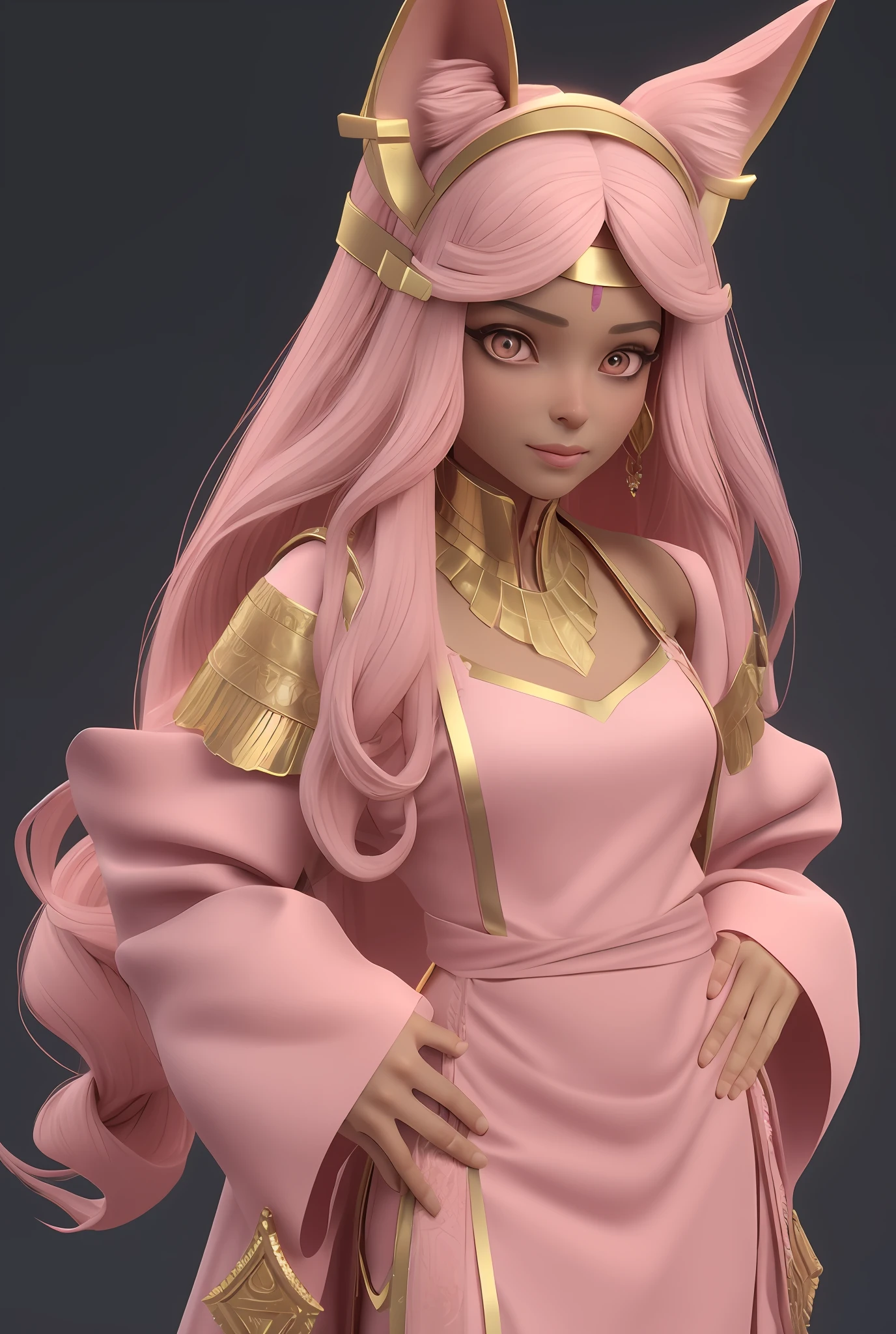(1girl),long pink hair, Blush,Egypt, Middle East robes, Anubis, covered with (bandages),dog ears,
3d rander,blender render,unreal engine,masterpiece, high quality, ultra details,ray tracing,
