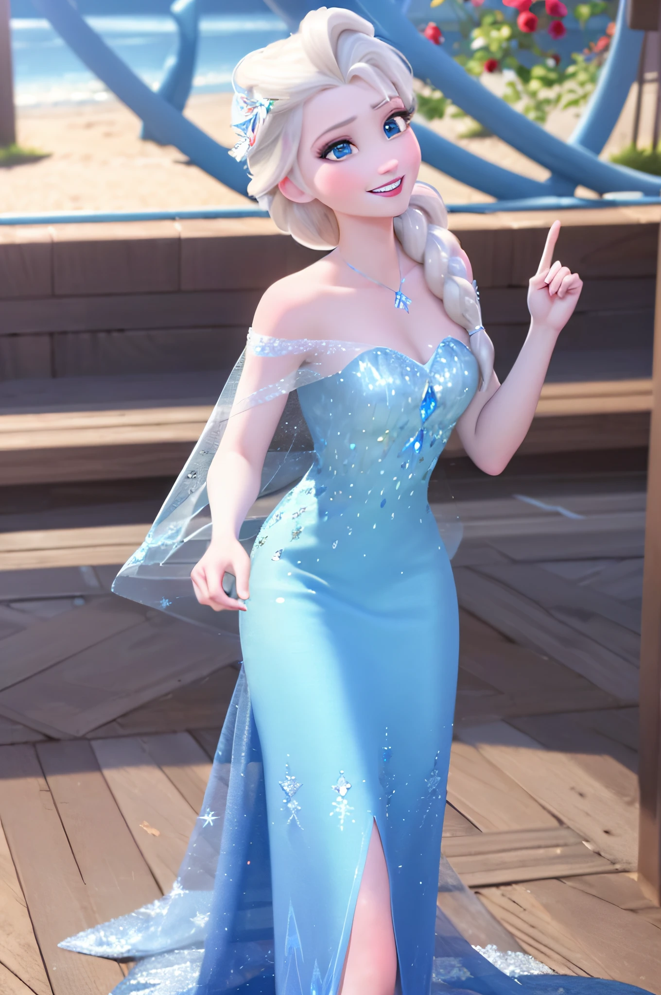 (masterpiece:1.4), (best qualit:1.4), (high resolution:1.4),elsa of arendelle, blue ice dress, single braid, smile, looking at viewer