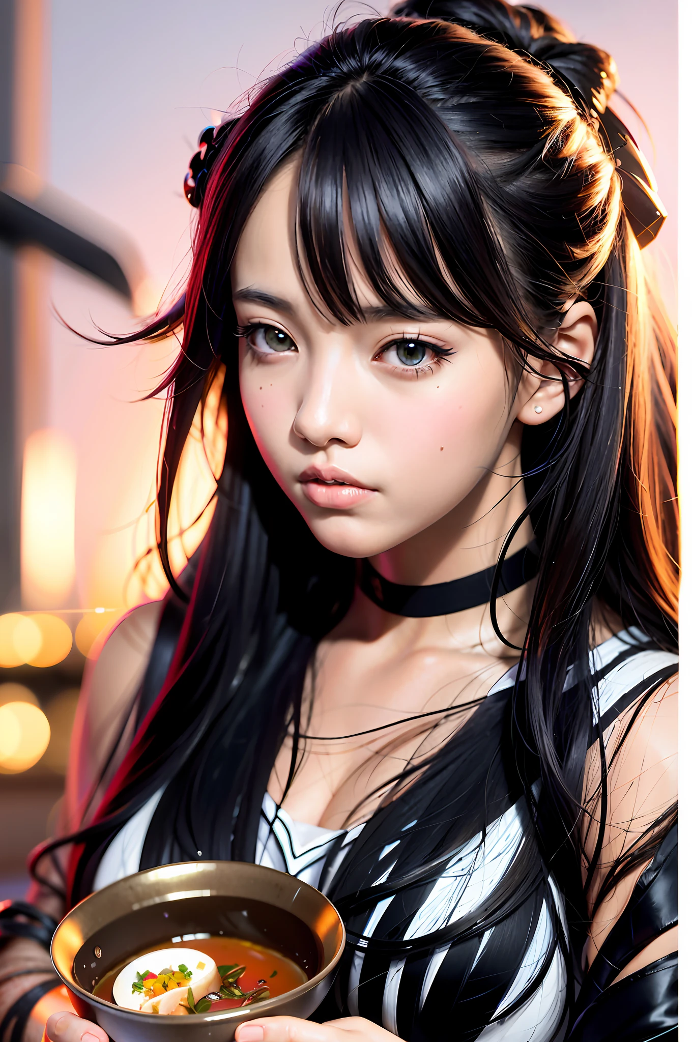 woman with long hair holding a bowl of food in her hand, makoto shinkai and artgerm, stunning anime face portrait, photorealistic anime, photorealistic anime girl render, 8k artgerm bokeh, beautiful anime portrait, detailed portrait of anime girl, realistic anime style at pixiv, sakimi chan, ig model | artgerm