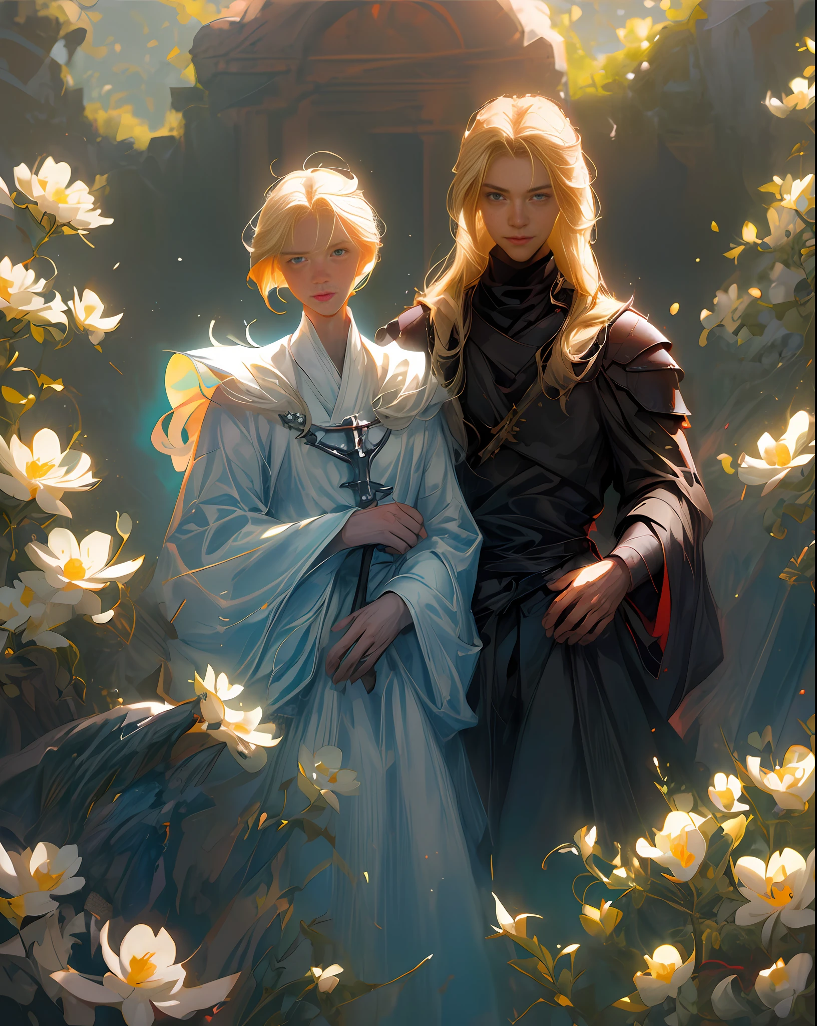 ((Best Quality, Masterpiece)), Comic Art, Concept Art, Two Smiling Very Beautiful Young Men (One Blonde Long-haired Young Man in a Robe and Another Short-haired Black-Haired Strong Knight), Angel, Smile, Pose, Particle, Wind, Flower, Upper Body, Simple Background, Look at Viewer, Use Backlight and Rim Light