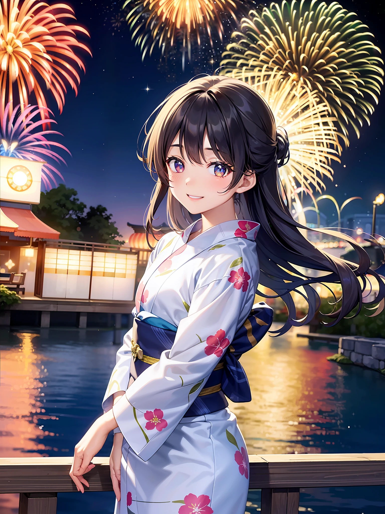 8K, Night, Shooting Star, Clouds, Floral Yukata, Yukata, 25 years old, Bright Colors, (Fireworks: 1.4), (New Year: 1.1), (Festival: 1.1), (Sharp Focus: 1.2), (Cowboy Shot: 1.2), (Smile: 1.1), (Teeth: 1.1), Bridge, Overlooking the Lake, (Water Reflection: 1.2), Glitter, Floating Particle, Colorful Particle, Lots of Fireworks