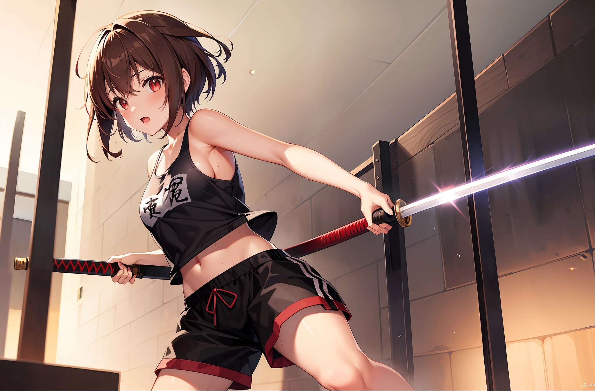 1 girl, solo, Mutsuki from Kancolle, katana, fighting stance, sword strike, confident expression, sparkling eyes, masterpiece, best quality, full body, sweaty, white transparent wet tank top, wet clothes, no bra, small breasts, midriff, black and red shorts brown hair with red highlights, tall, short hair, hair between eyes, red eyes, standing,