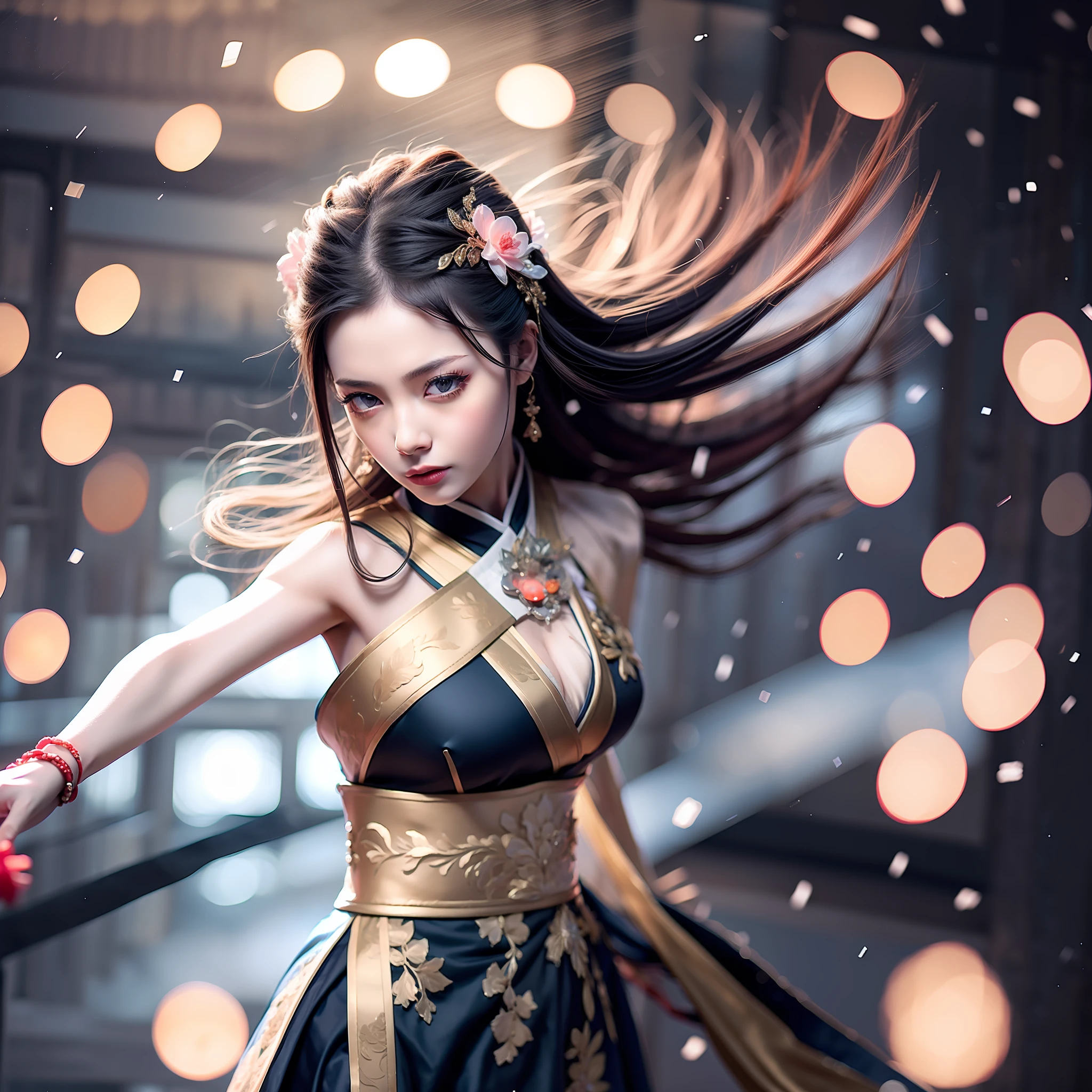 Ws,Snow, Flying Petals Under The Air,A girl fighting with a sword, she holds the sword to cover one eye, the other eye is looking at the opponent Hard Light, cinematic Light, A 16-Year-Old japaness Beautiful Girl In hanfu,girl Sword fighting Martial Arts Style, Chinese Fairy Tale, The Background Is Colorful Light Spots, Highly Detailed, Dynamic, Cinematic, Stunning, Realistic Lighting And Shading, Dramatic Light, Vivid Vibrant 8k,35mm Lens, Photorealistic, Kodak Portra