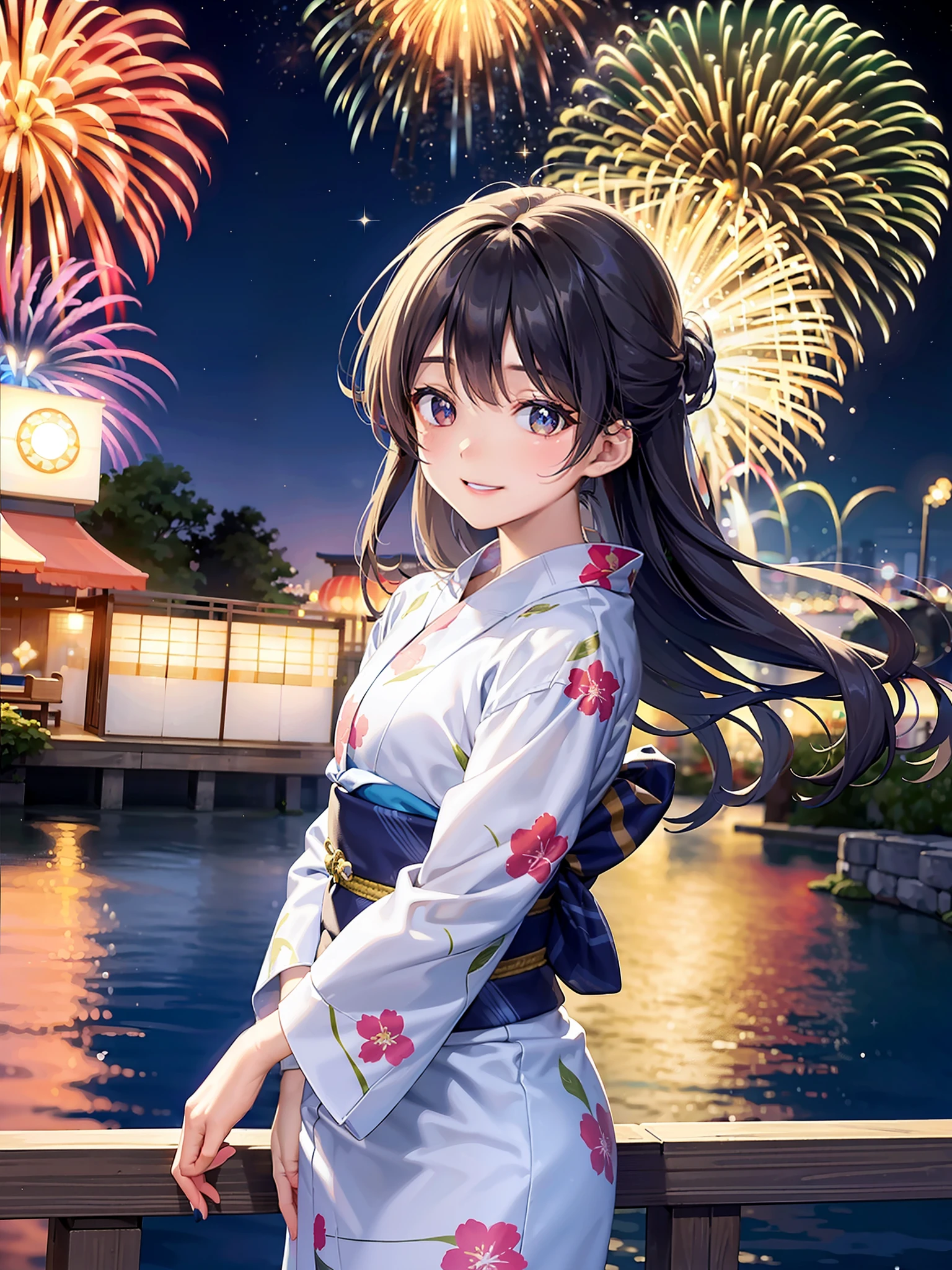 8K, Night, Shooting Star, Clouds, Floral Yukata, Yukata, 25 years old, Bright Colors, (Fireworks: 1.4), (New Year: 1.1), (Festival: 1.1), (Sharp Focus: 1.2), (Cowboy Shot: 1.2), (Smile: 1.1), (Teeth: 1.1), Bridge, Overlooking the Lake, (Water Reflection: 1.2), Glitter, Floating Particle, Colorful Particle, Lots of Fireworks