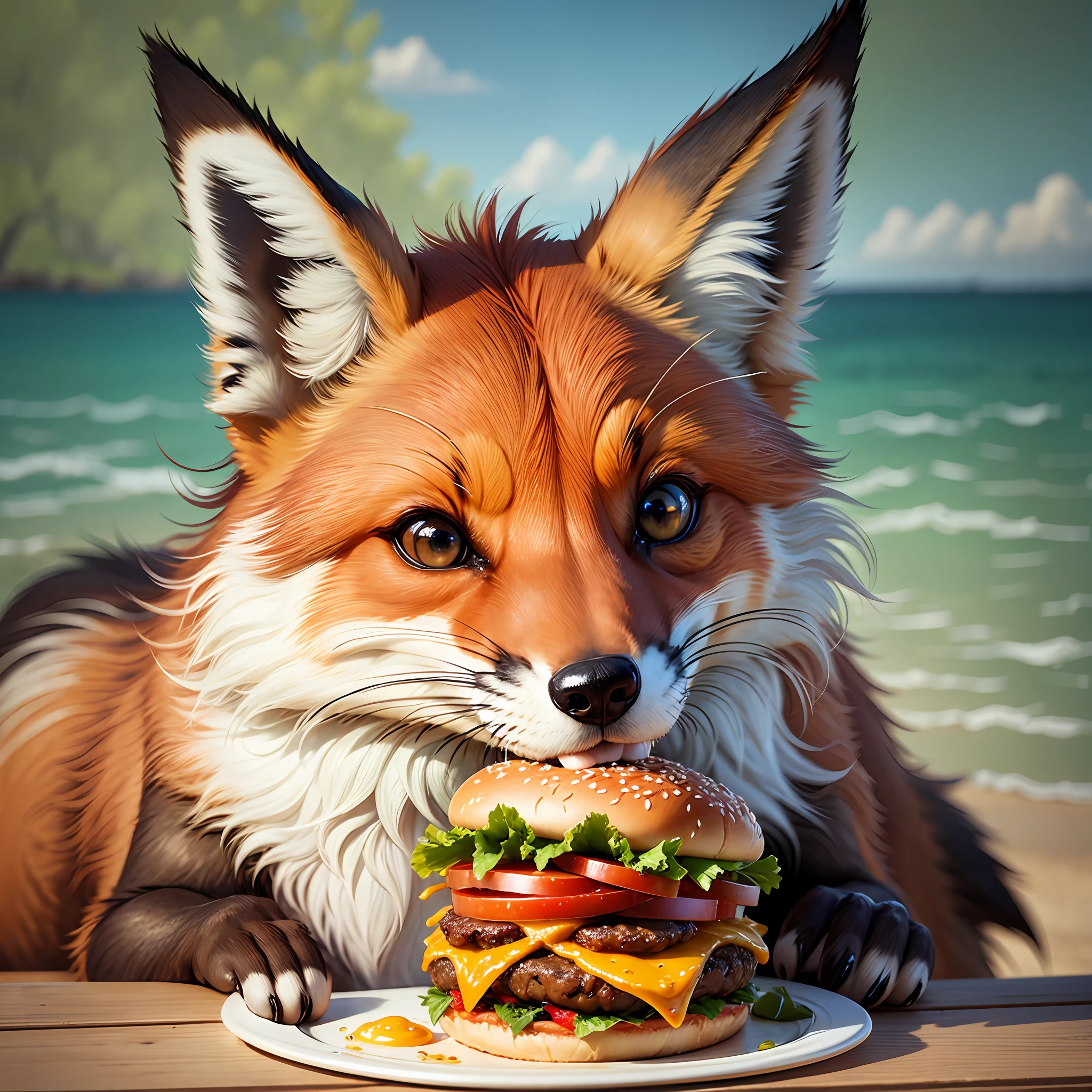 Fox eating hamburger, high quality, 8k --auto --s2