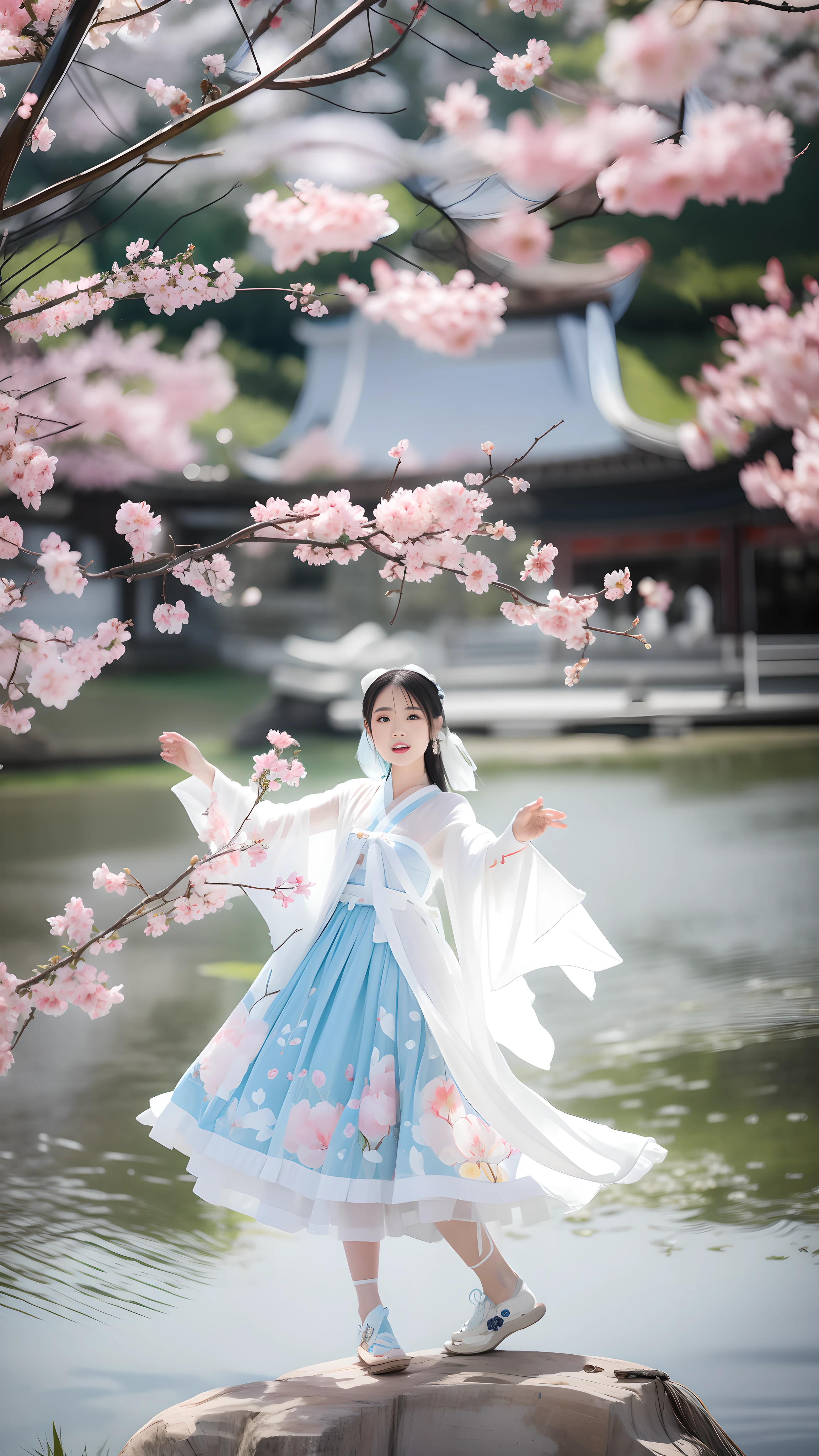 Masterpiece, high detail, Araffed Asian woman in blue dress and white kimono standing on rock, palace, a girl in Hanfu, white Hanfu, Hanfu, traditional Chinese clothing, with ancient Chinese clothing, Chinese costume, Zhongyuan Festival, wearing ancient Chinese clothing, Chinese girl, flowing cherry blossom silk, flowing cherry blossom color silk, by cold plum, high contrast