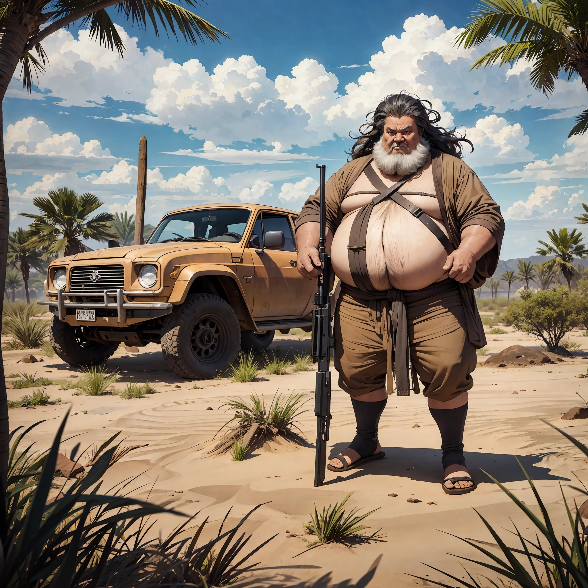 Old, gangaceiro style, realistic, 8k, Big hair, without an eye with a scar, old and fat man, desert environment of Ceará sergipe, holding a rifle --auto --s2