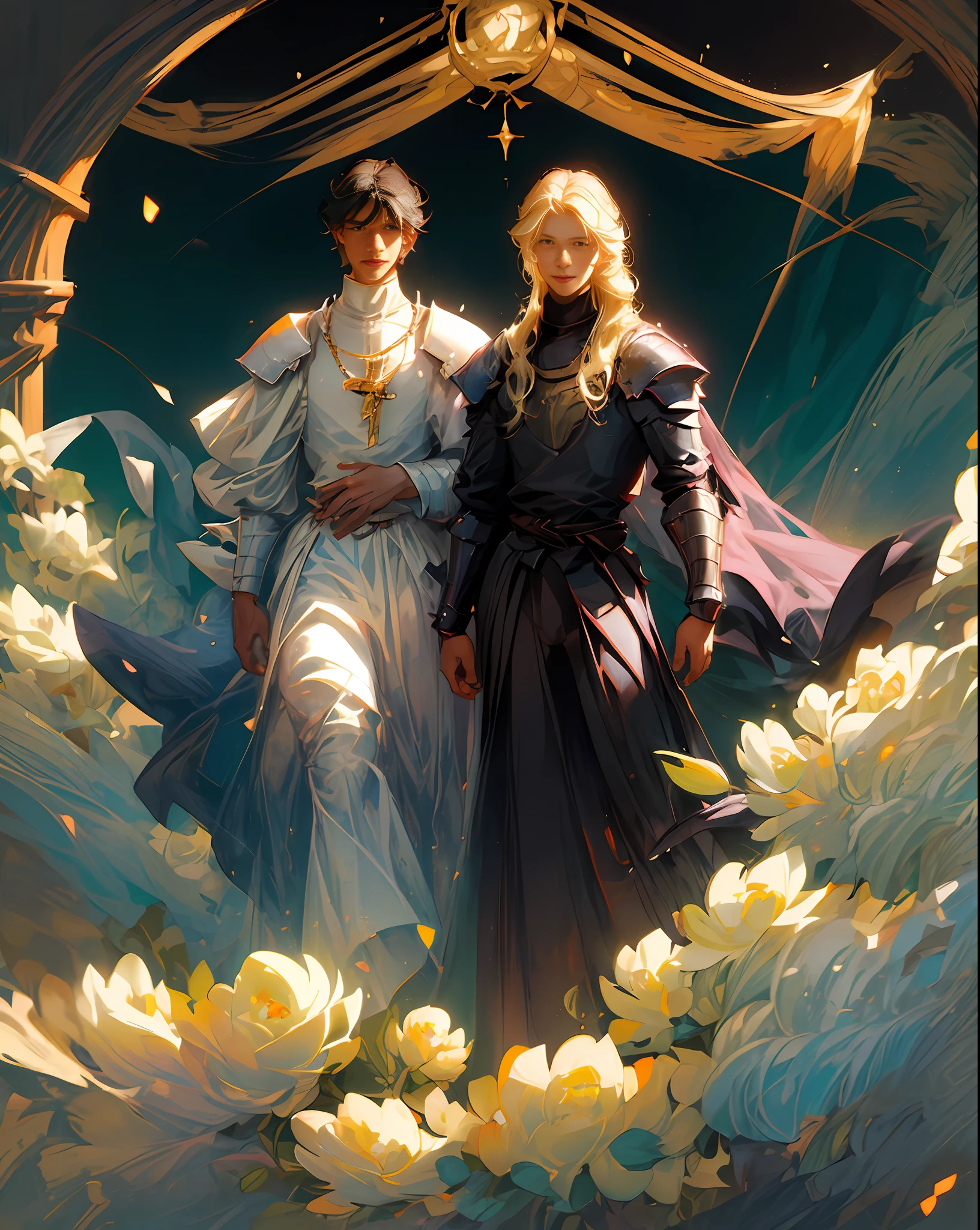 ((top quality, masterpiece)), comic art, concept art, two smiling very beautiful young men (blond long-haired young man in robes and strong male knight with short black hair), angel, smile, pose, particle, wind, flower, upper body, simple background, looking at viewer, use backlight and rim light