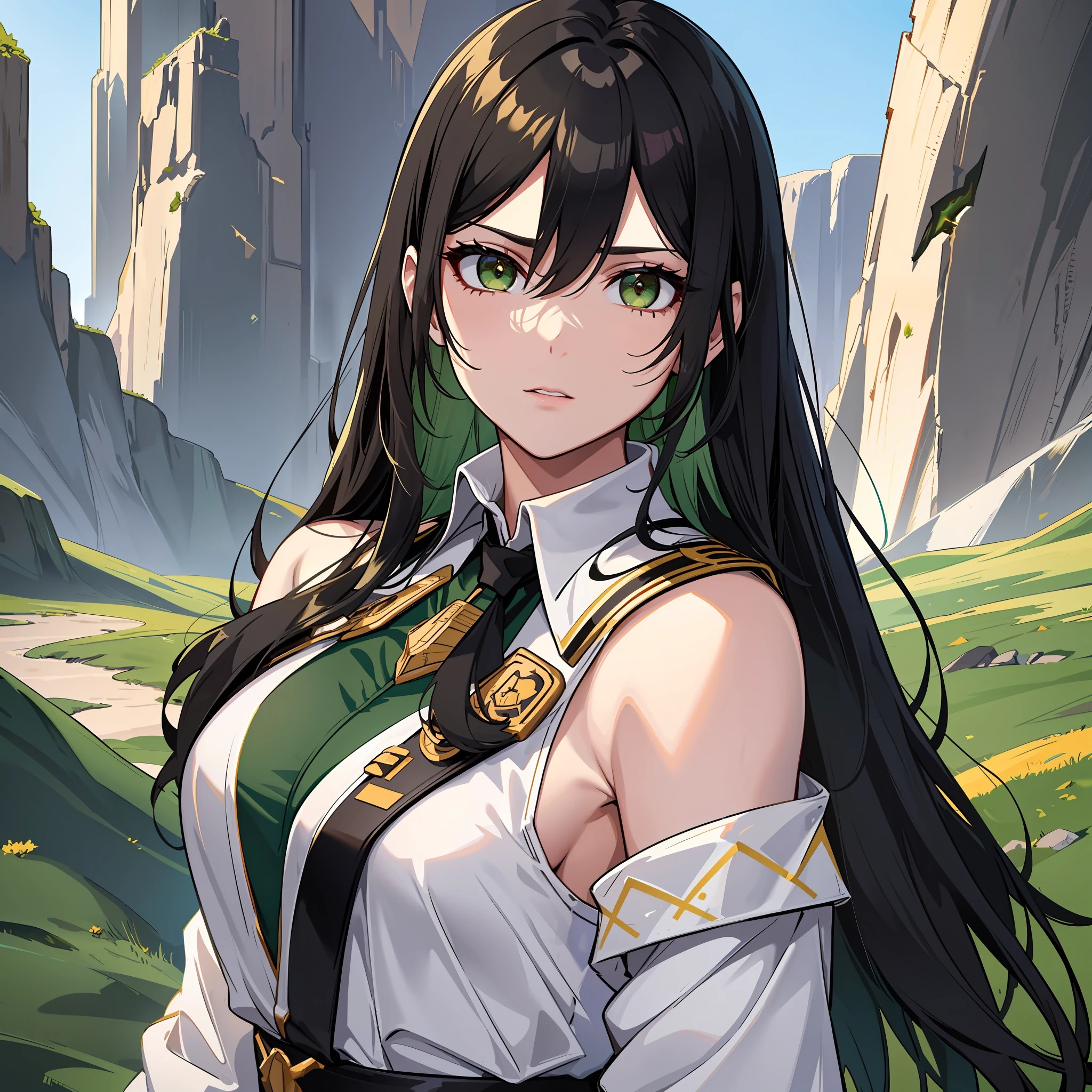 Adult, one female, Long black hair with green line in the middle, white shirt with Rank on the shoulder , short green skirt with gold trim, Standing on a cliff in the desert, Slanted eyes, Glare, close up, masterpiece