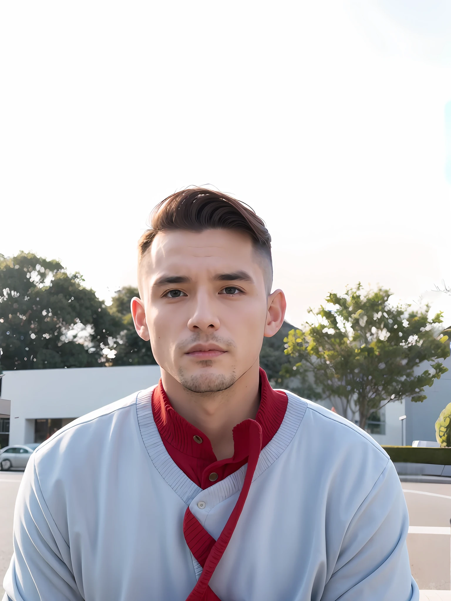 A man wearing red cote sky blue