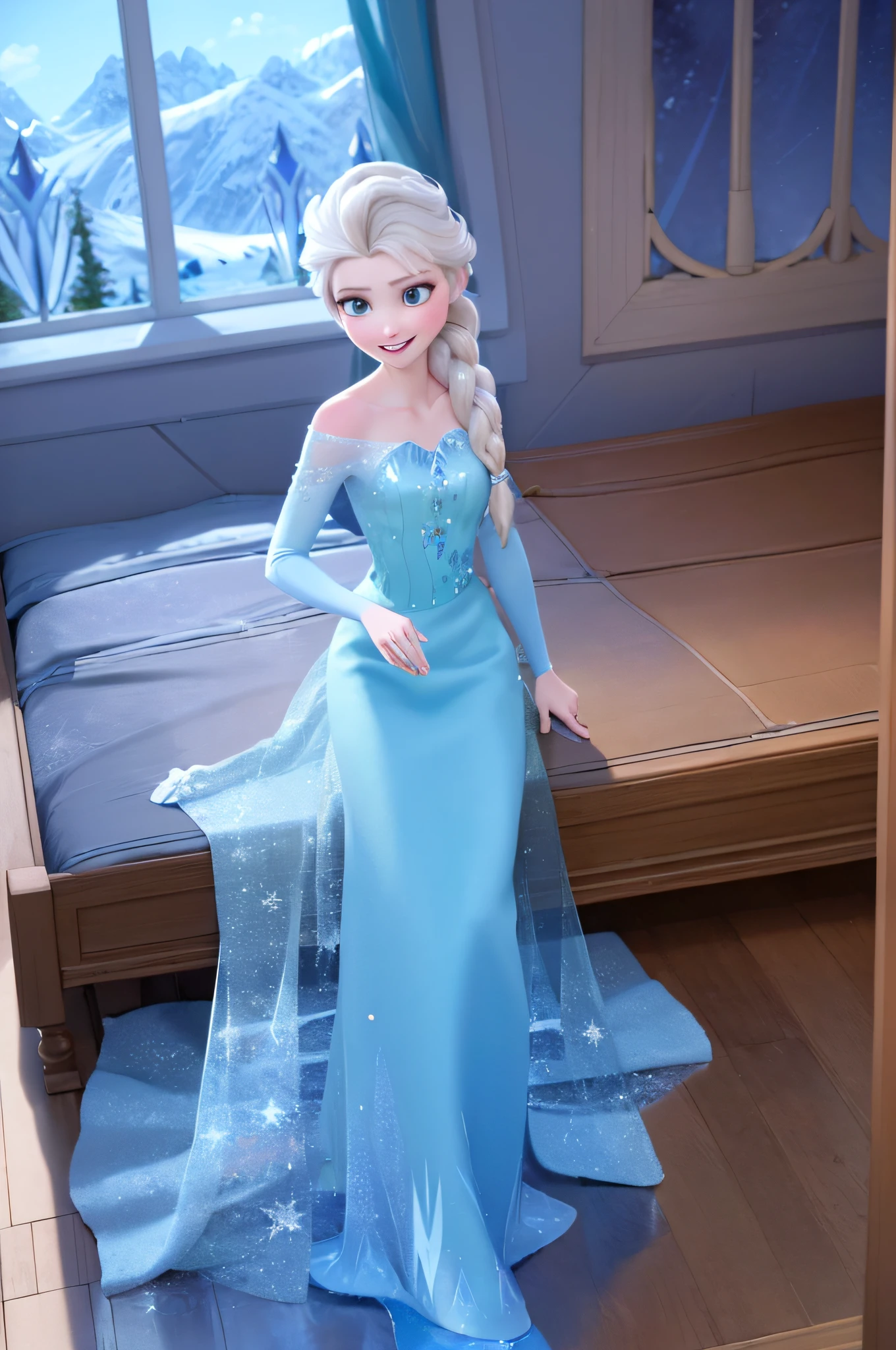 (masterpiece:1.4), (best qualit:1.4), (high resolution:1.4),elsa of arendelle, blue ice dress, single braid, smile, looking at viewer, bedroom, open window, mountain