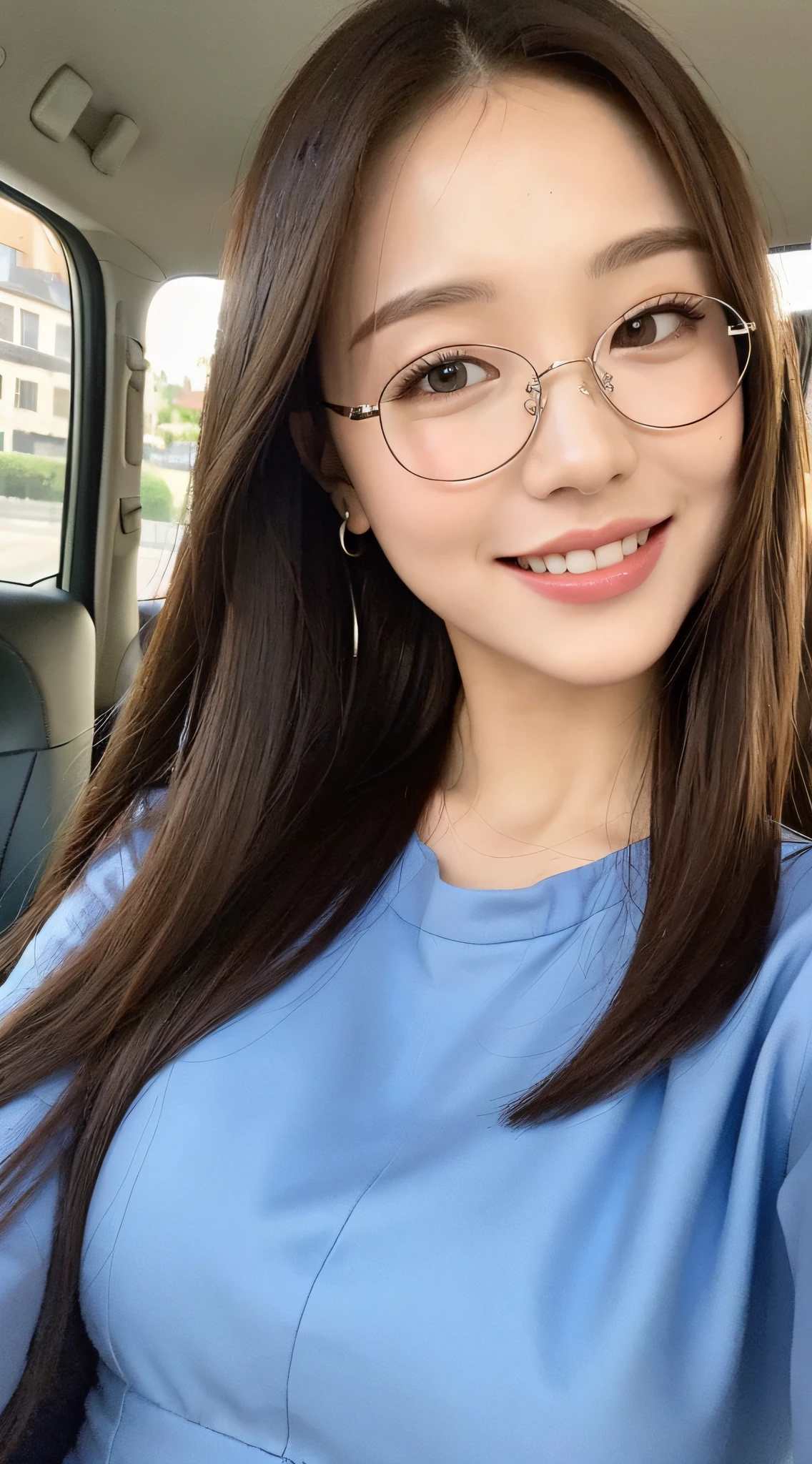 ((Best quality, 8k, Masterpiece :1.3)), 1girl, taking selfie, closeup, smiling, slim face, Pretty woman, (Dark brown hair), full length dress :1.1, Ultra-detailed face, Detailed eyes, Double eyelid, blur background, slim face, city, on road, countryside, glasses, sunny, blue sky