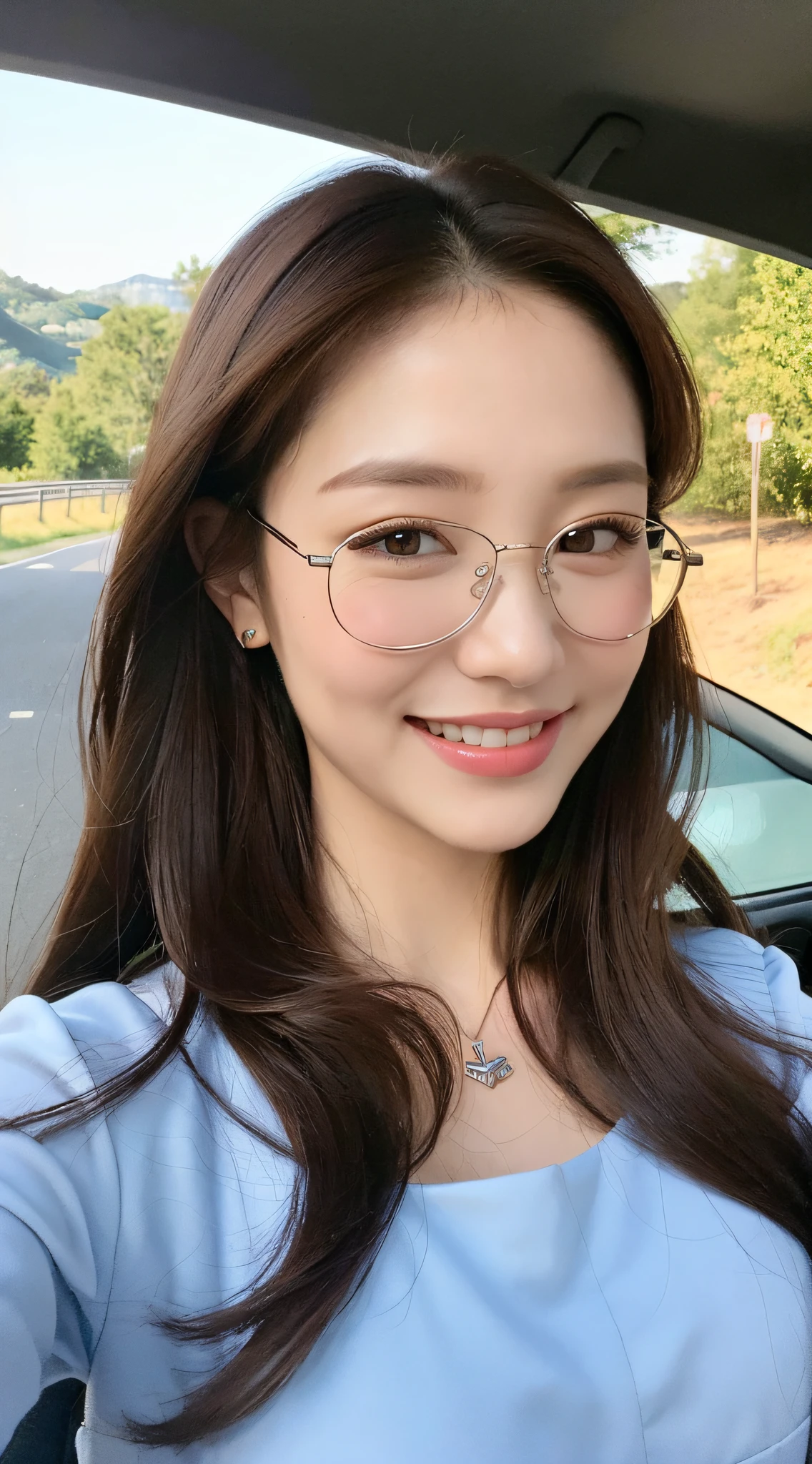 ((Best quality, 8k, Masterpiece :1.3)), 1girl, taking selfie, closeup, smiling, slim face, Pretty woman, (Dark brown hair), full length dress :1.1, Ultra-detailed face, Detailed eyes, Double eyelid, blur background, slim face, city, on road, countryside, glasses, sunny, blue sky