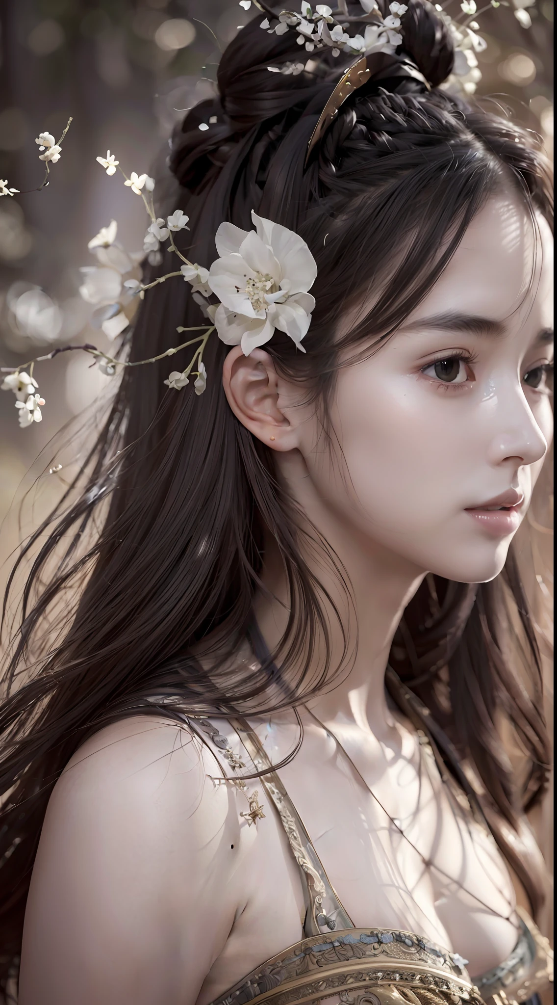 (RAW photo, best quality), (realistic, photo-realistic:1.3),best quality,highly detailed,masterpiece,ultra-detailed,illustration,1girl,upper_body,dynamic angle,world masterpiece theater,messy_long_hair,best quality,extremely detailed CG unity 8k wallpaper,ink,Amazing,cinematic lighting,lens_flare, dunhuang_style