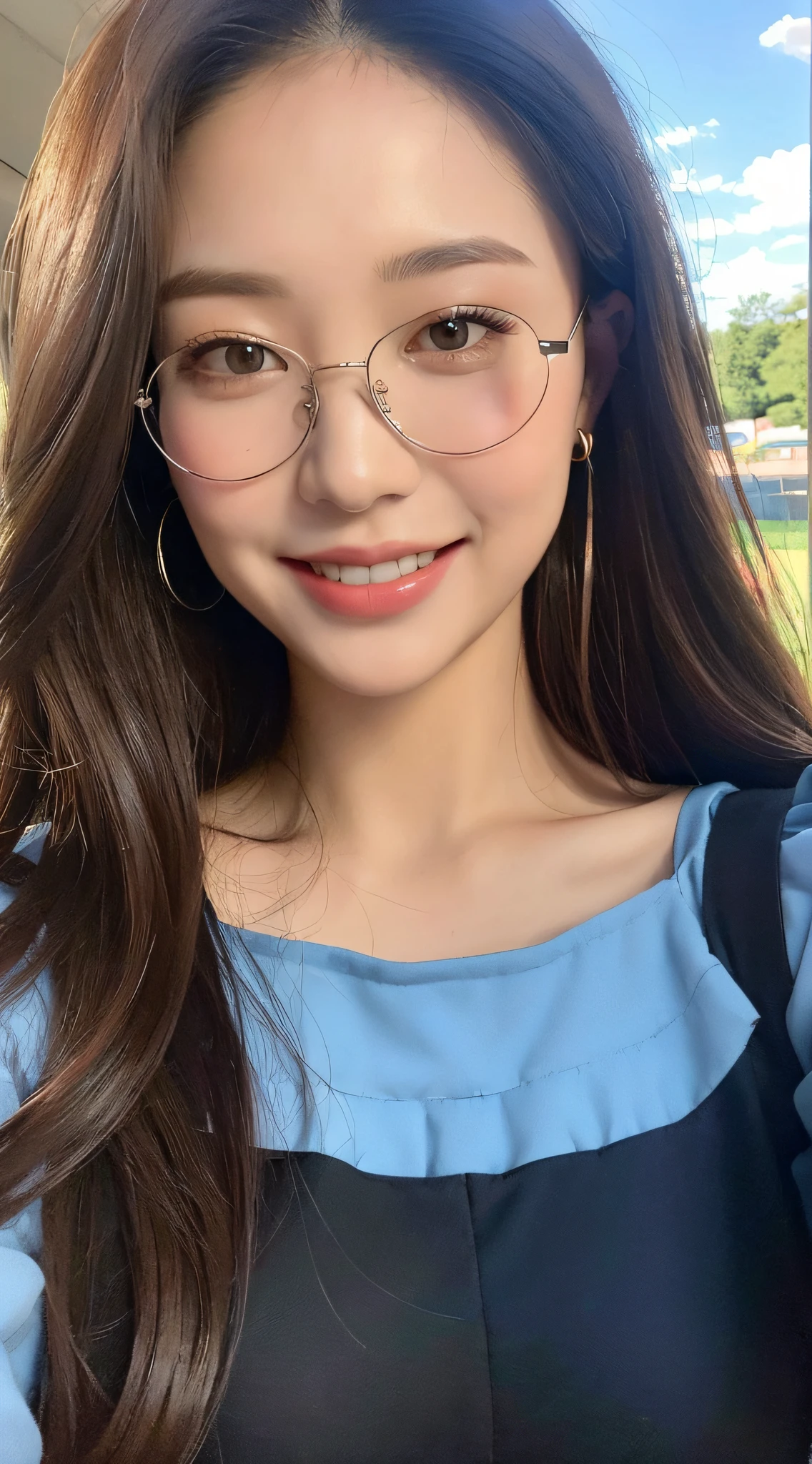 ((Best quality, 8k, Masterpiece :1.3)), 1girl, taking selfie, closeup, smiling, slim face, Pretty woman, (Dark brown hair), full length dress :1.1, Ultra-detailed face, Detailed eyes, Double eyelid,  blur background, slim face, city, on road, countryside, glasses, sunny, blue sky