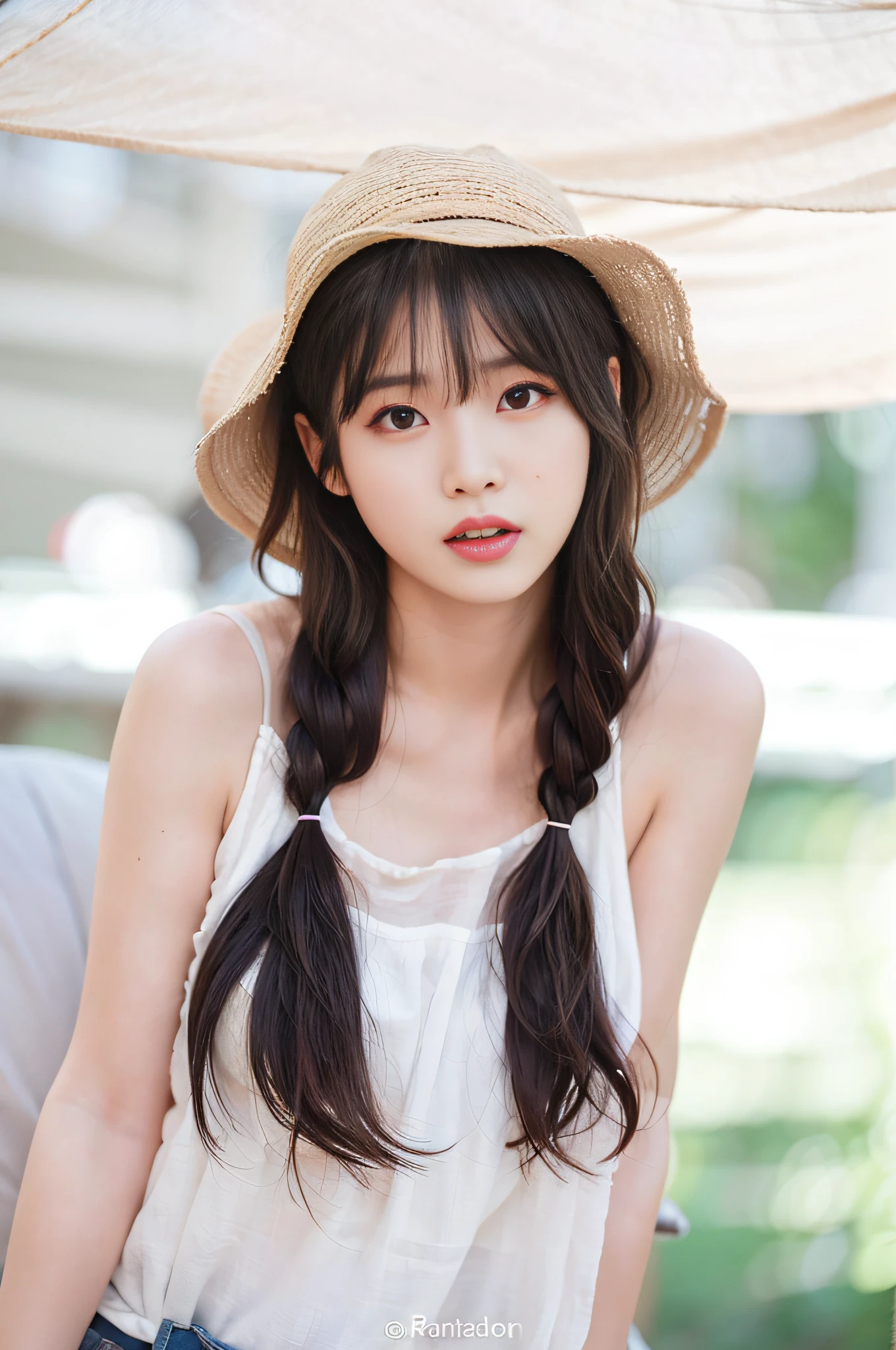 High quality, gentle and delicate, beautiful paintings. In the picture, the long-haired girl in a hat is wearing a white vest, long black hair, short bangs in front of her eyes, and thin braids on both sides, showing the beauty of an East Asian girl, while her body is slender and well-proportioned, full of youthful atmosphere. She appears in the picture with two girls with long two-tailed hair, one with a round and cute Asian face, and the other with a playful and pleasant Korean face, their hair is neatly combed, giving a fresh and vulgar feeling. --auto --s2