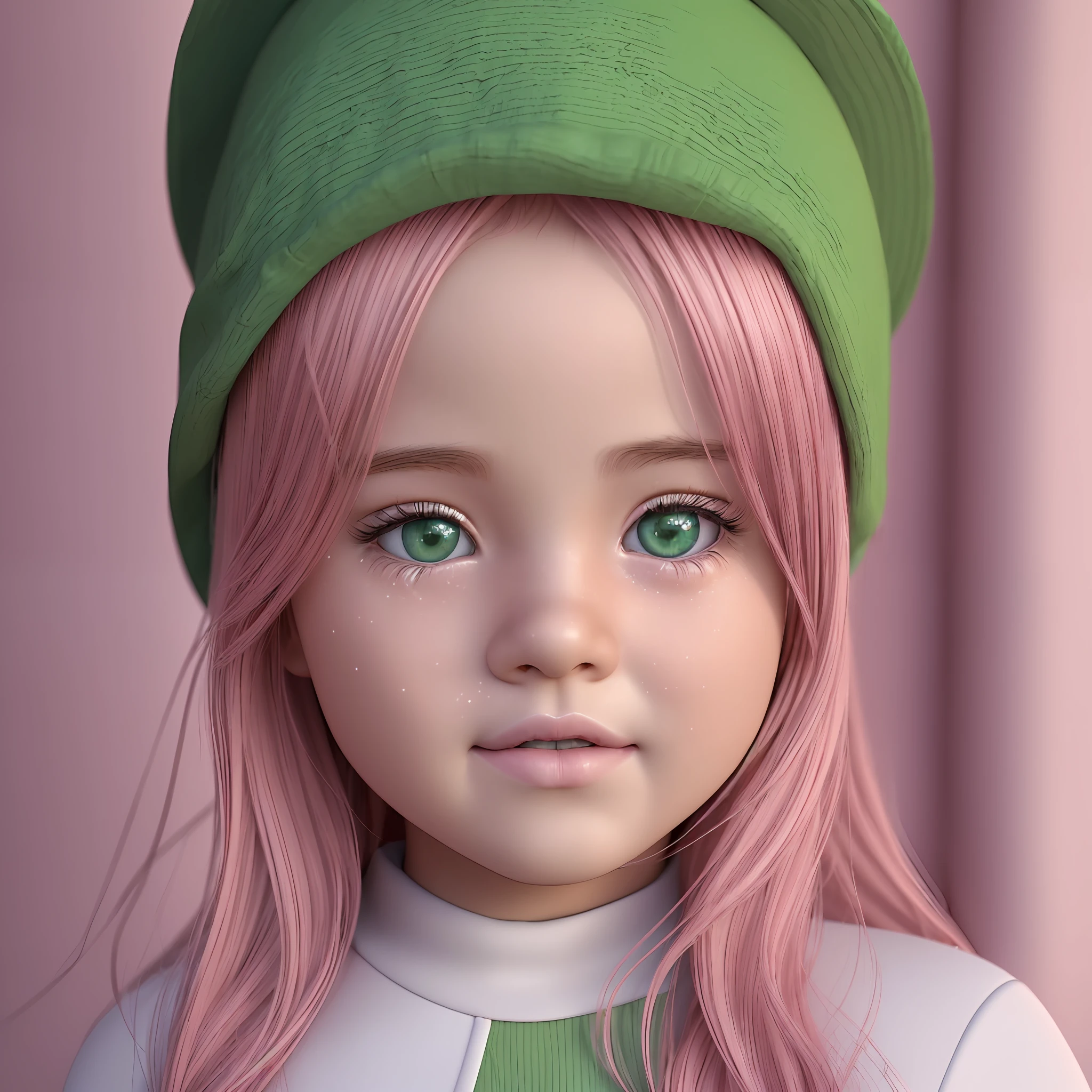 high quality, (photorealistic:1.8), 1girl, (aegyo sal:1), cute, ((puffy eyes)), irreal_engine, photography, realistic_skin_texture, photorealistic, green eyes, pink hair, pink hat, white dress, children --auto --s2