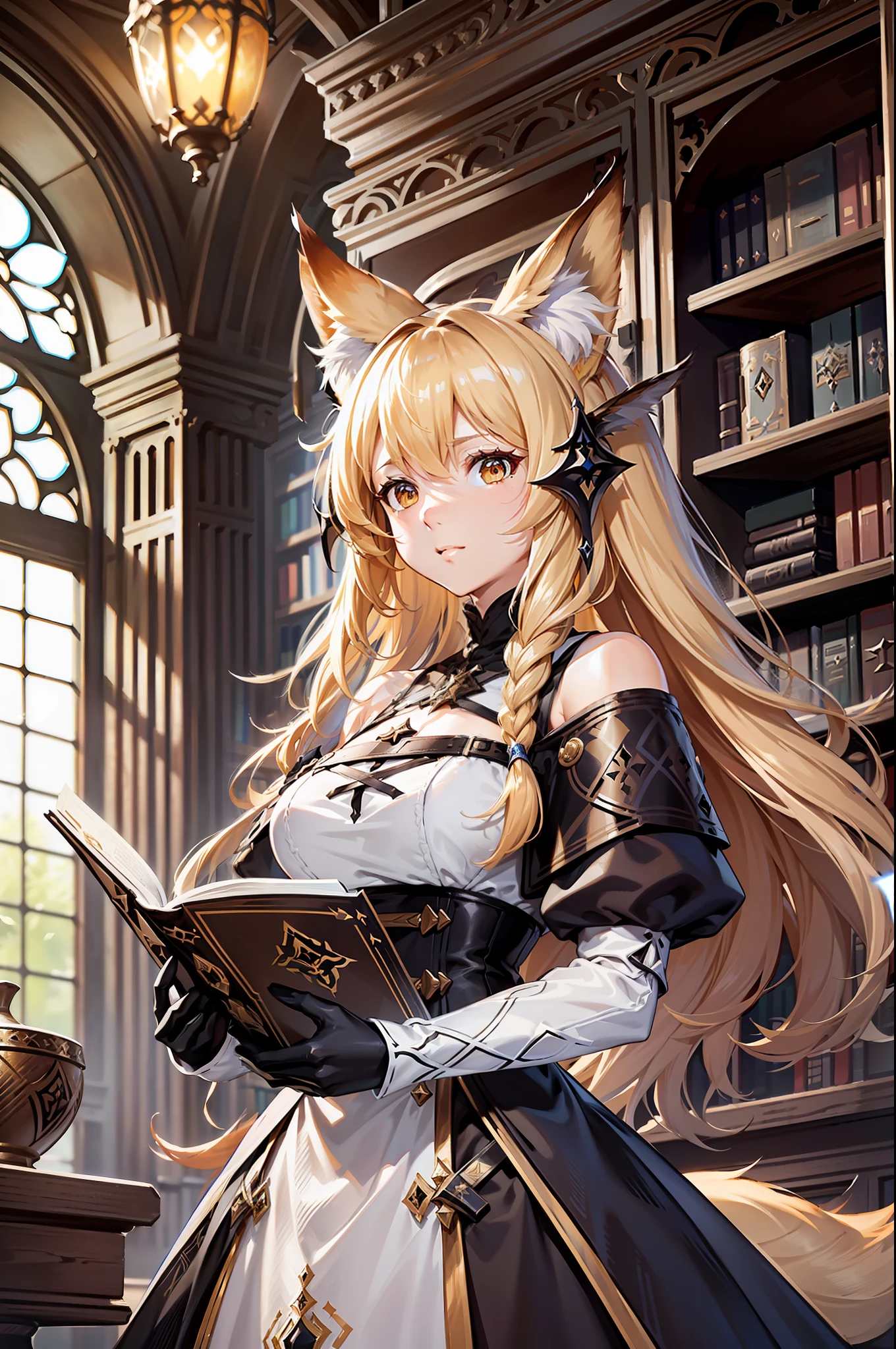 Middle Ages, extremely detailed CG wallpaper, (arknights: 1.01), (cygames: 1.03), solo, a woman wearing an off-the-shoulder dress with a transparent feather coat, lace trim, half-long blonde hair, brown eyes, (many very big fox tail: 1.2), standing inside the library