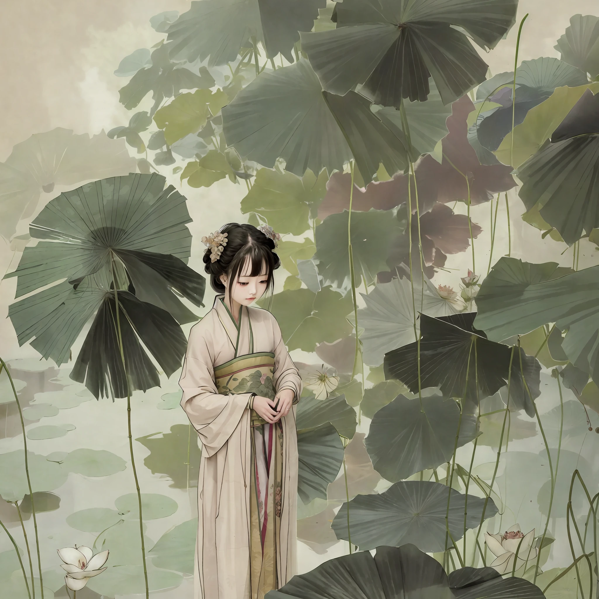 First-person perspective, Muse, spring, bamboo forest, hazy Jiangnan wind courtyard in the distance, lotus pond, house main framing, hazy beauty, great depth of field, very obvious details, super details, light effects, super high-definition