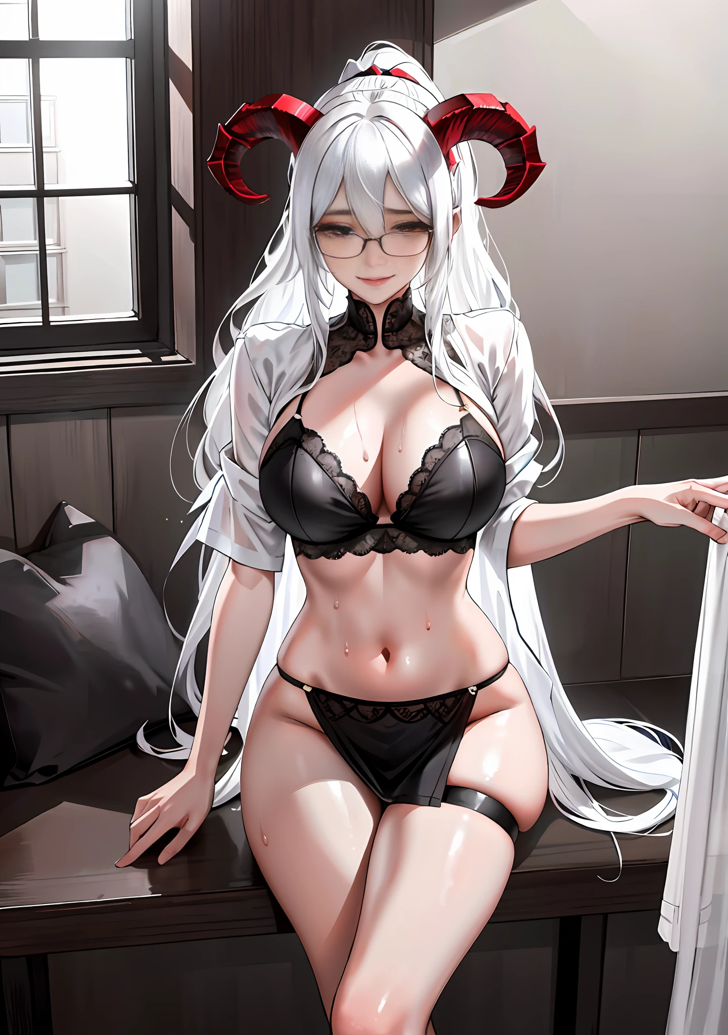 1 girl, sweat, (masterpiece, best quality, high quality, high resolution: 1.4), detailed, extremely detailed, soft ambient light, 4K, interior, modern, room, window, night, dark, 1 demon girl, (only: 1.4), (mature,: 1.4), standing, dynamic sexy pose, nude, seduction, long hair, (white hair: 1.4), transparent lingerie, (white hair: 1.2), extra long hair, tied hair, ponytail, straight hair, (Lenses, Big Eyes, Red Eyes: 1.2 ), Look at the Audience, Smile, Wet , Thought, (T-shirt: 1.2), Cutlery, (White Thighs: 1.2), Bottomless, Open Shirt, Curvy, (Thick Thighs, Skindentation: 1.2), Medium Breasts, Cat, Puffy, nsfw, Glasses, Glasses, Sheep Horns, Lamb Horns, Horns on the sides, Horns Facing the Front.1