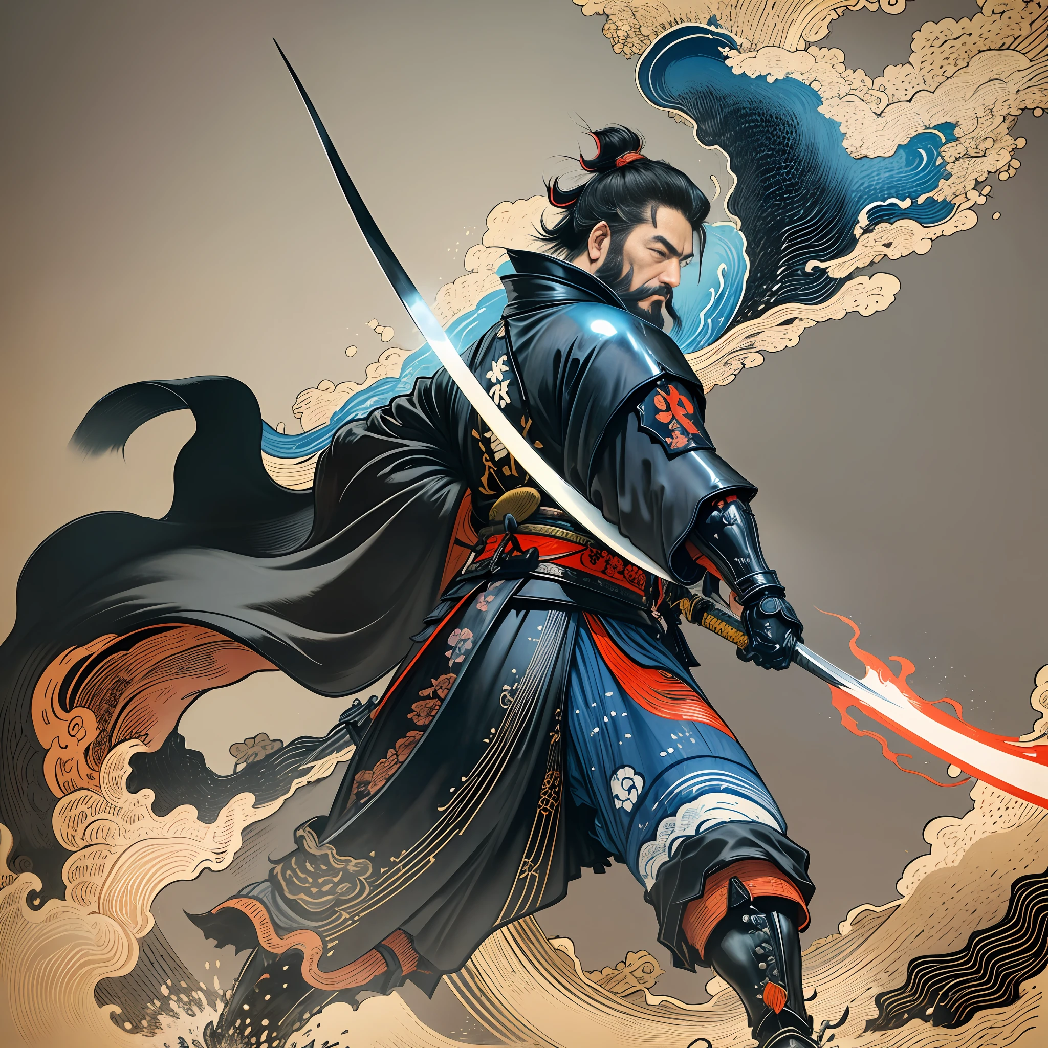 It is a full-body painting with natural colors with Katsushika Hokusai-style line drawings. The swordsman Miyamoto Musashi has a big body like a strongman. Samurai of Japan. With a dignified but manly expression of determination, he confronts evil spirits. He has black short hair and a short, trimmed beard. His upper body is covered in a black kimono and his hakama is knee-long. In his right hand he holds a Japan sword with a longer sword part. In the highest quality, masterpiece high resolution ukiyo-e style lightning and swirling flames. Among them, Miyamoto Musashi is standing with his back straight, facing the front.