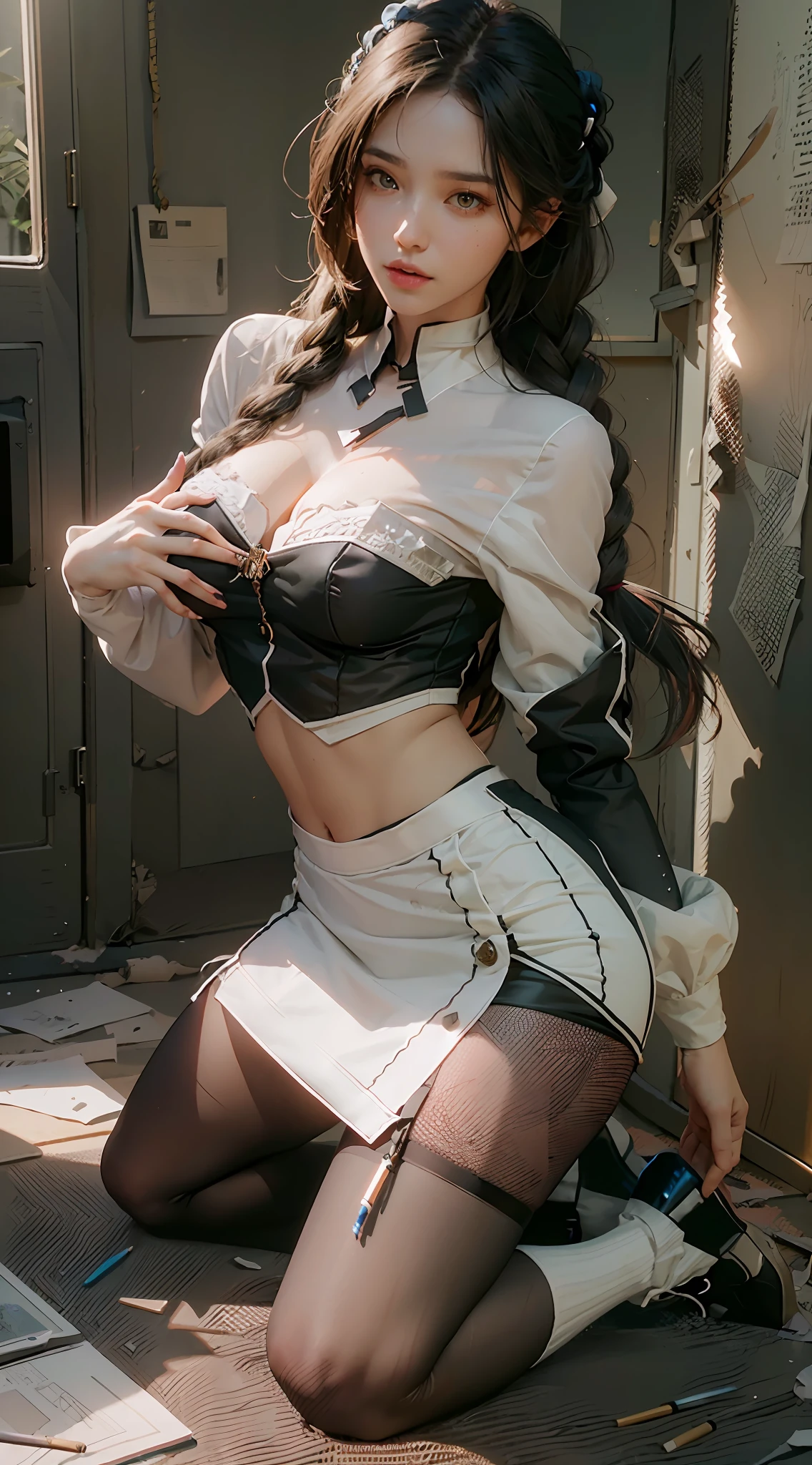 ((Best Quality)), ((Masterpiece)), (Details: 1.4), 3D, A Beautiful Kneeling Beauty, (Blue-Black Super Long Hair, Messy Hair: 1.6), (White Shirt, Pencil Skirt: 1.7), (White Stockings: 1.6), (Braided) HDR (High Dynamic Range), Ray Tracing, NVIDIA RTX, Super-Resolution, Unreal 5, Subsurface Scattering, PBR Textures, Post-processing, Anisotropic filtering, depth of field, maximum sharpness and sharpness, multi-layer textures, albedo and specular mapping, surface shading, accurate simulation of light-material interactions, perfect proportions, Octane Render, bicolor light, large aperture, low ISO, white balance, rule of thirds, 8K RAW,