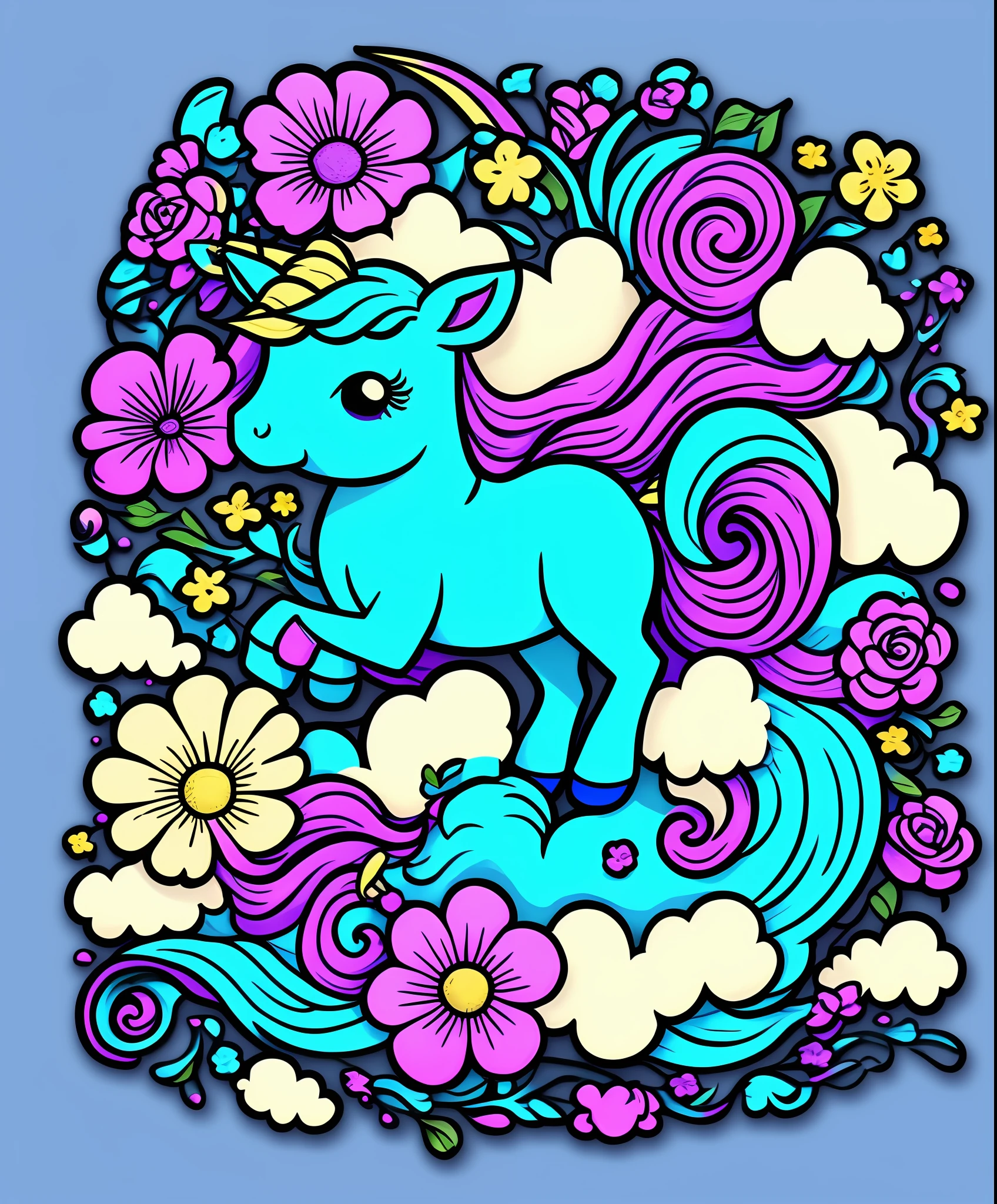 cute unicorn, flowers, night sky, t-shirt logo, sky background, sticker design,