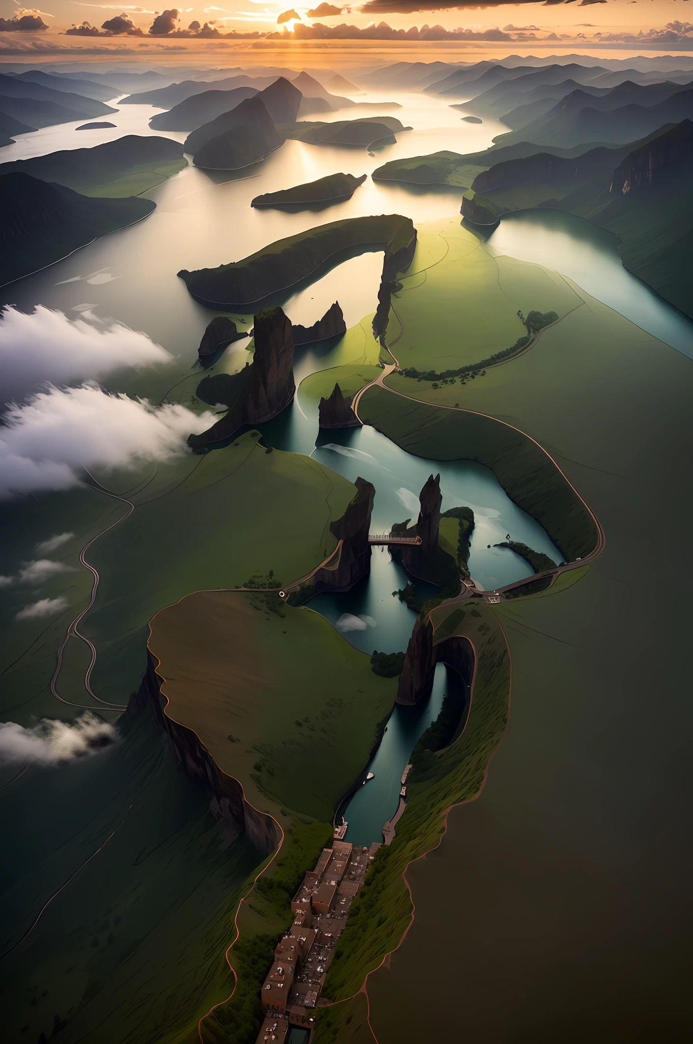 Mountains, rivers, meandering, clouds, grandeur, majestic, (intricate details), HDR, (intricate details, hyperdetailed: 1.2), cinematic lenses, vignettes, centered