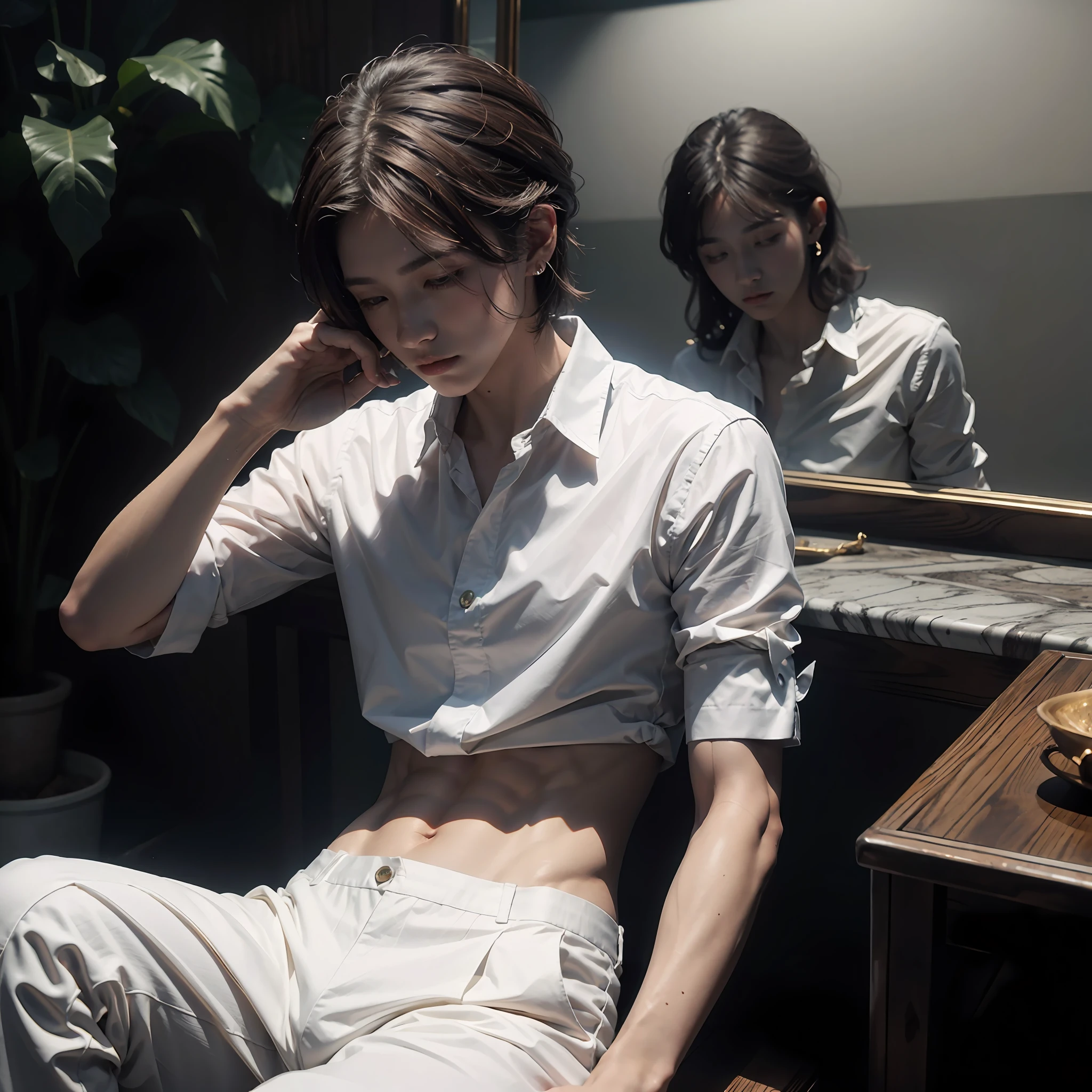 8k resolution, super fine detail, water mist, light and shadow, detail, delicate picture, intense light tracing, masterpiece, high quality, detail light, ray tracing, 1 boy, short dark brown hair, stud earrings, full body photo, white shirt, open, blue tie, well-proportioned abdomen, eight-pack abs, khaki casual trousers, sneakers, leaning on mirror, photo pose