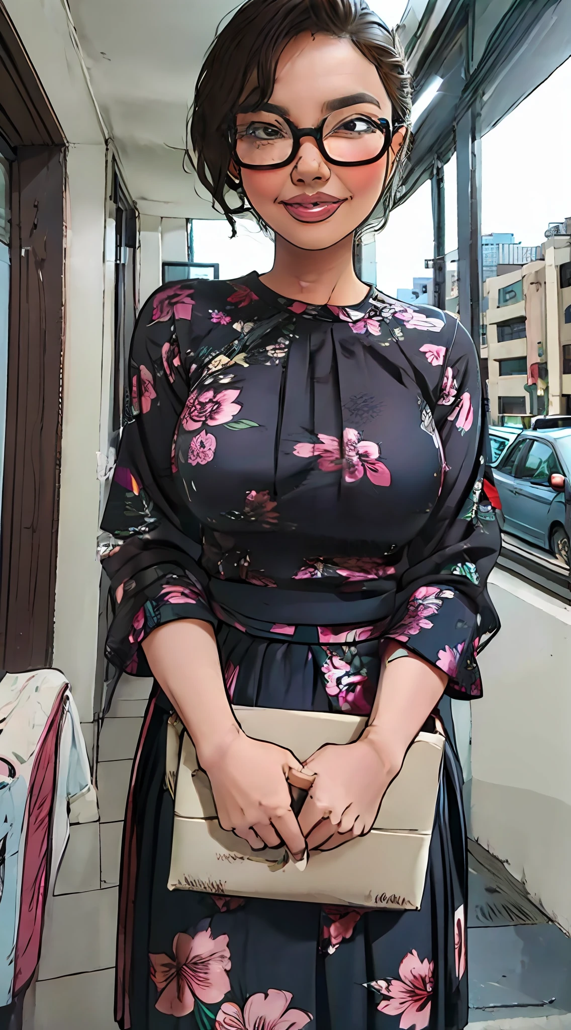 (masterpiece, best quality), beautiful woman, detailed printed blouse, pleated skirt, short wavy hair, glasses, perfect face, beautiful face, alluring, big gorgeous eyes, soft smile, perfect slim fit body, city downtown, kuala lumpur, bright colors