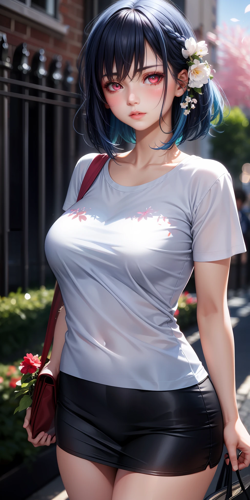 realistic, 1girl, blue hair, red eyes, glowing eyes, short skirt, parted lips, blush, flowers, sun, sunlight, t shirt